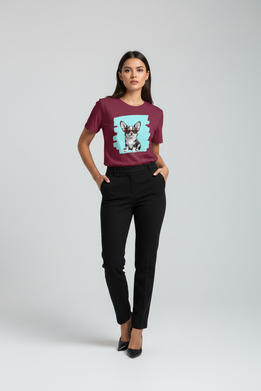 A woman modeling a burgundy short-sleeve t-shirt with a graphic print of a French Bulldog on a light blue background, paired with black pants and black heels, against a light gray studio background.