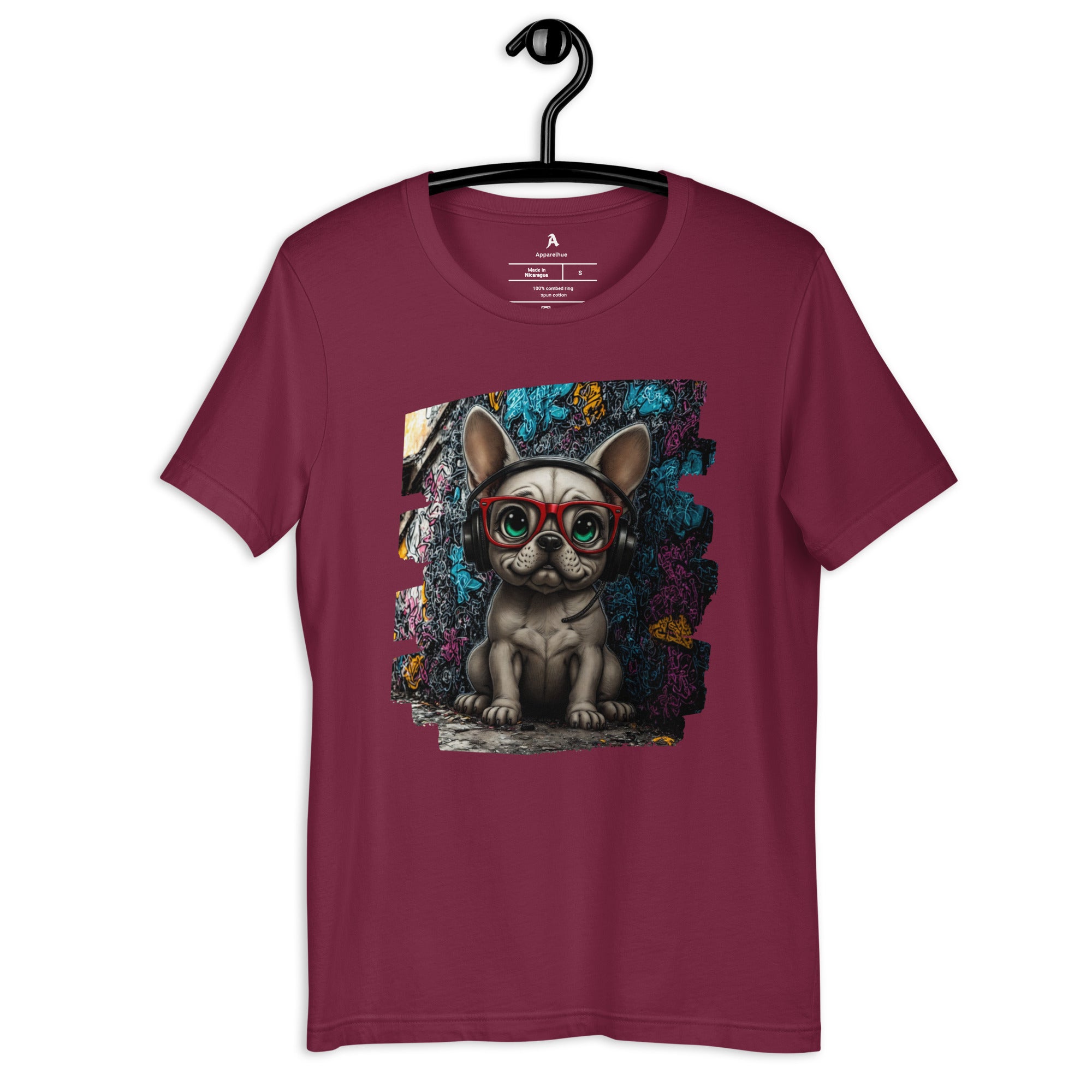 Apparelhue white T-shirt featuring a hand-drawn French Bulldog with green sunglasses and delicate purple flowers.