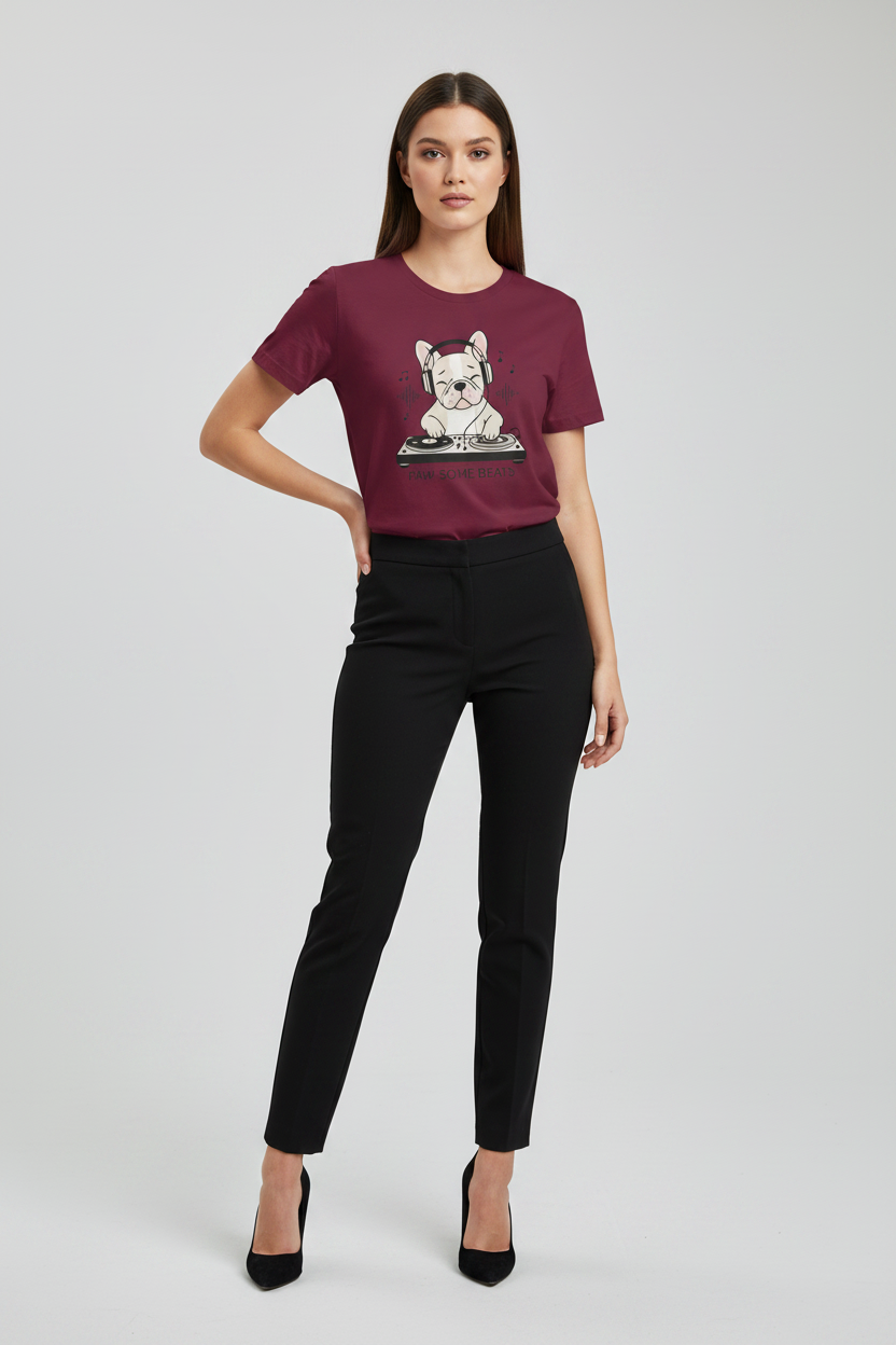 A woman modeling a short-sleeve crewneck t-shirt in burgundy with a cartoon dog graphic on the chest, paired with black pants and black heels, against a light gray studio background.