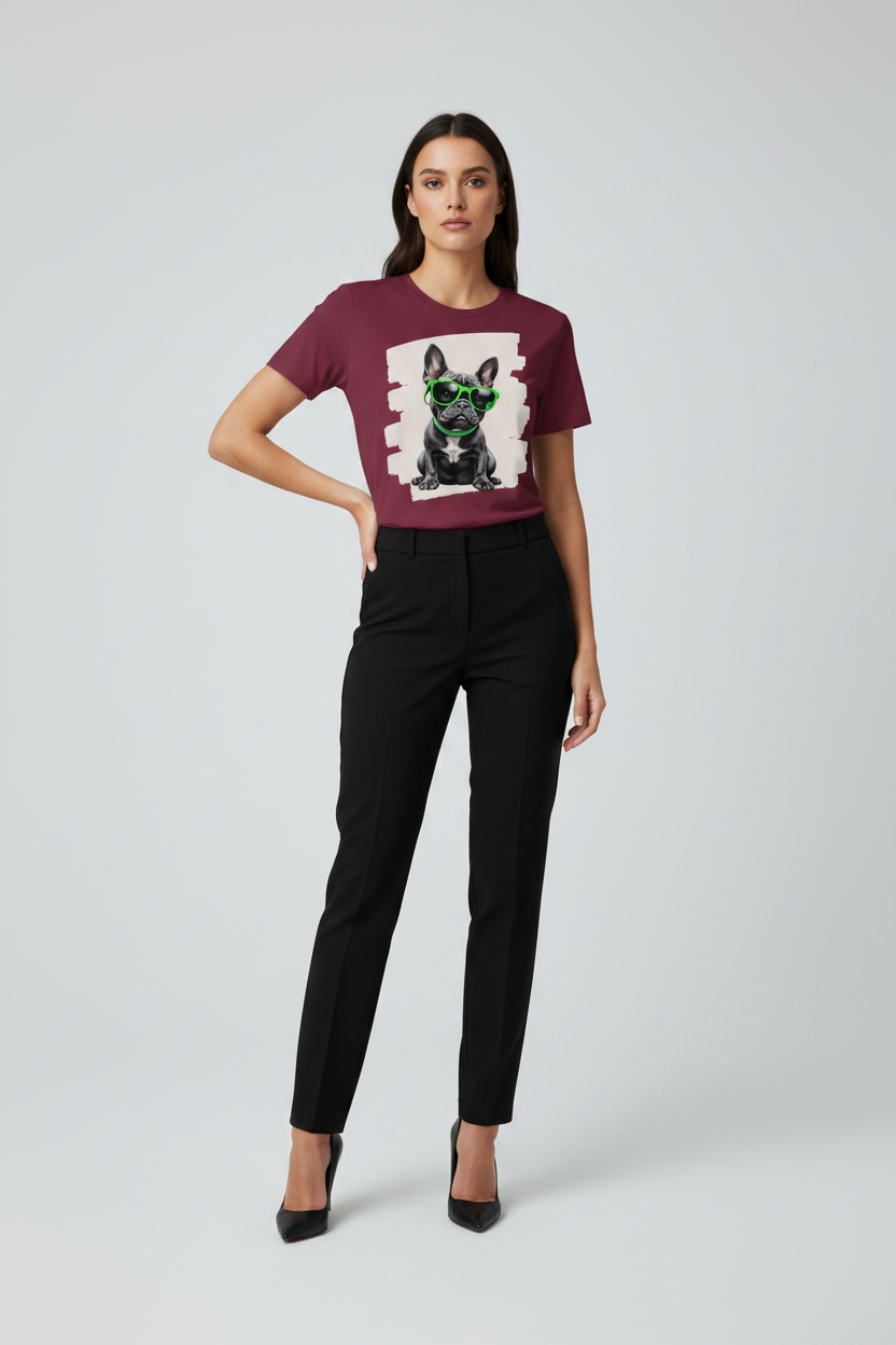 A woman modeling a short-sleeve maroon graphic t-shirt with a French Bulldog print, paired with black trousers and black heels, against a light gray studio background.