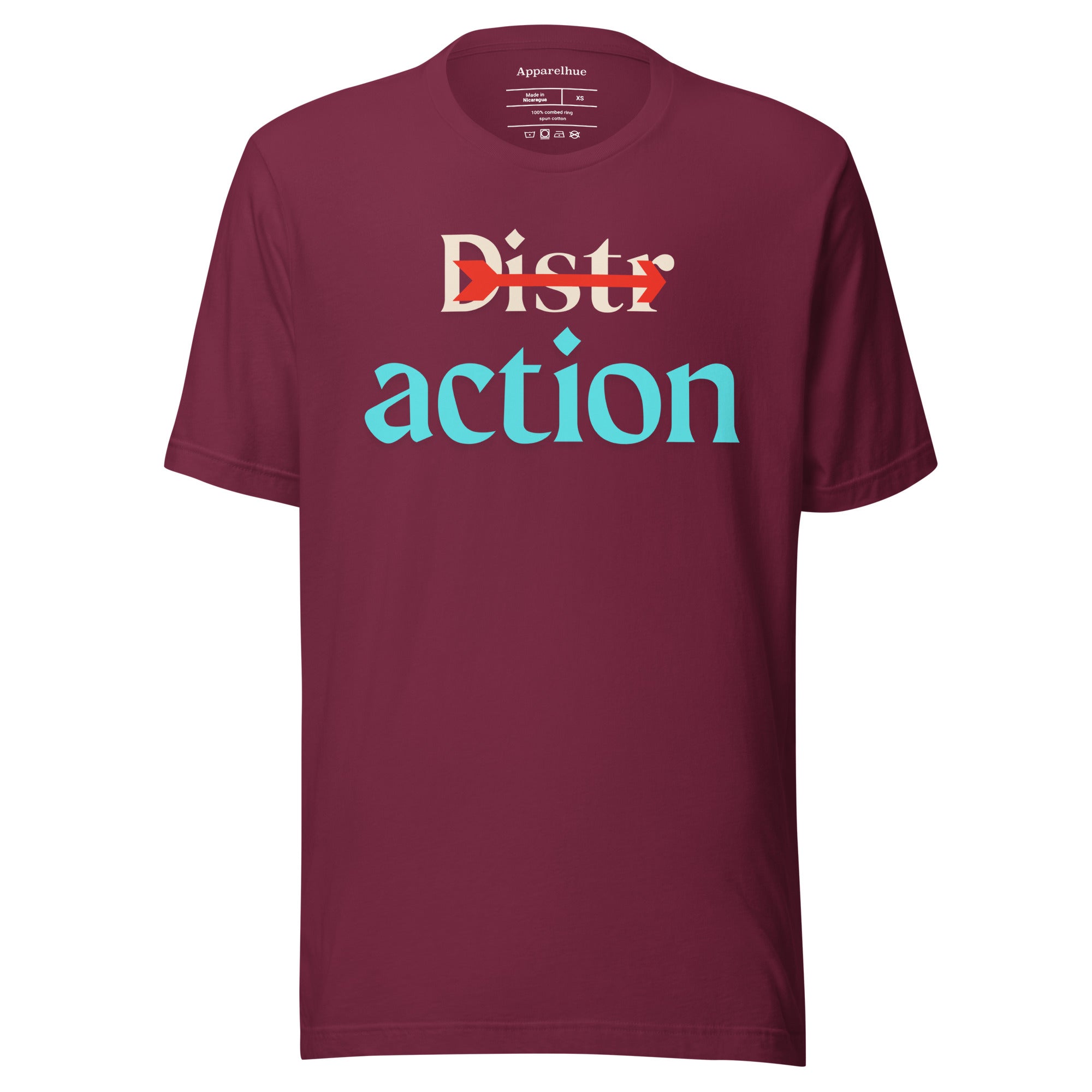 crew neck shirt with a red arrow motif and 'action' printed in a classic serif font.