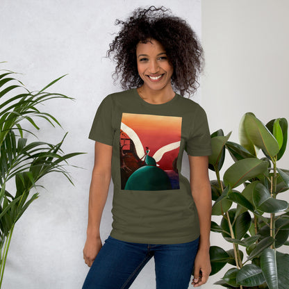 A close-up shot of the graphic print, featuring a winged human figure and a colorful landscape.