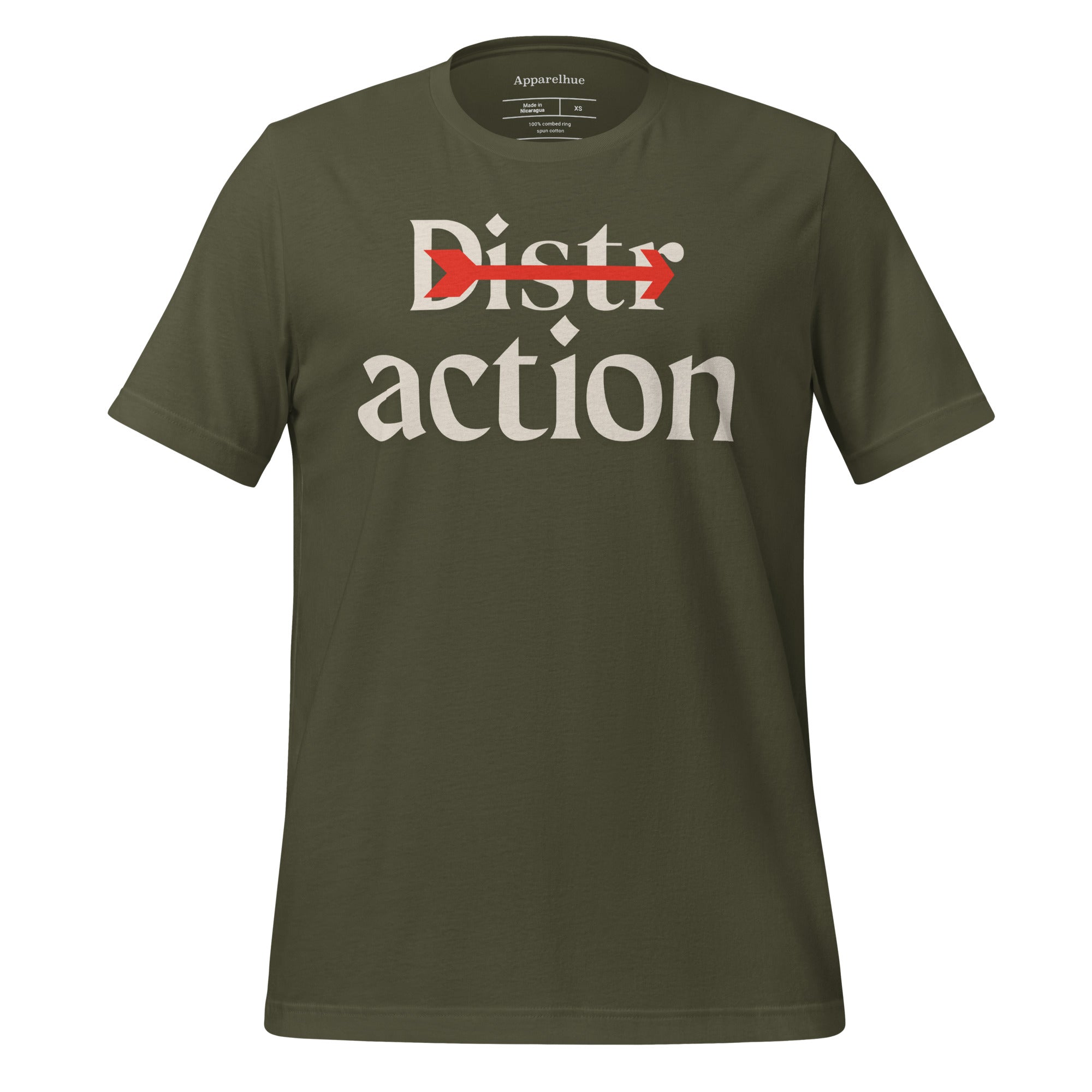 A visual metaphor on a black t-shirt: a red arrow piercing through and separating the word "Distractions."