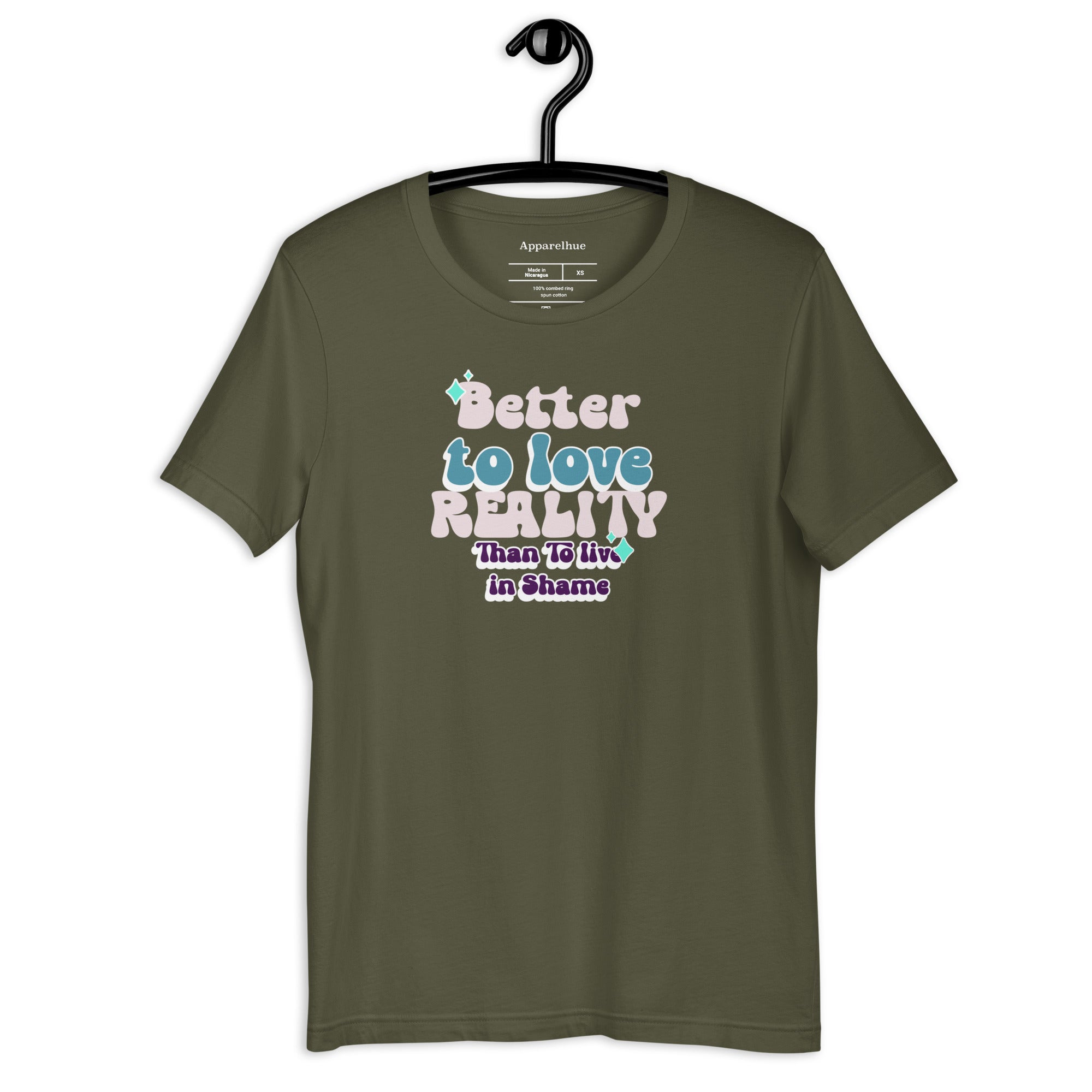 Detailed texture of 100% organic cotton fabric on a grey reality quote shirt.