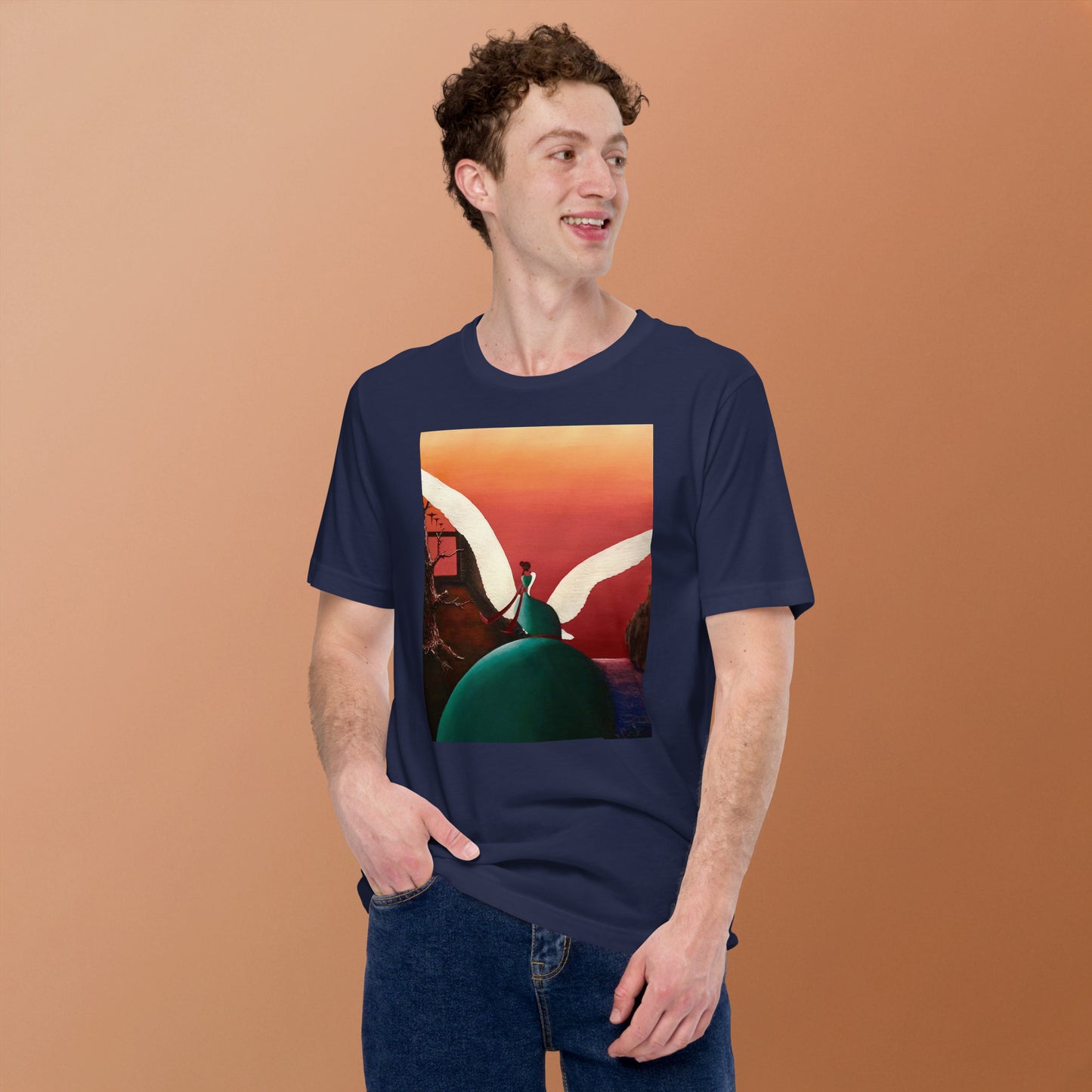 Front view of the black "Ascension" t-shirt, showcasing the vibrant, surreal artwork