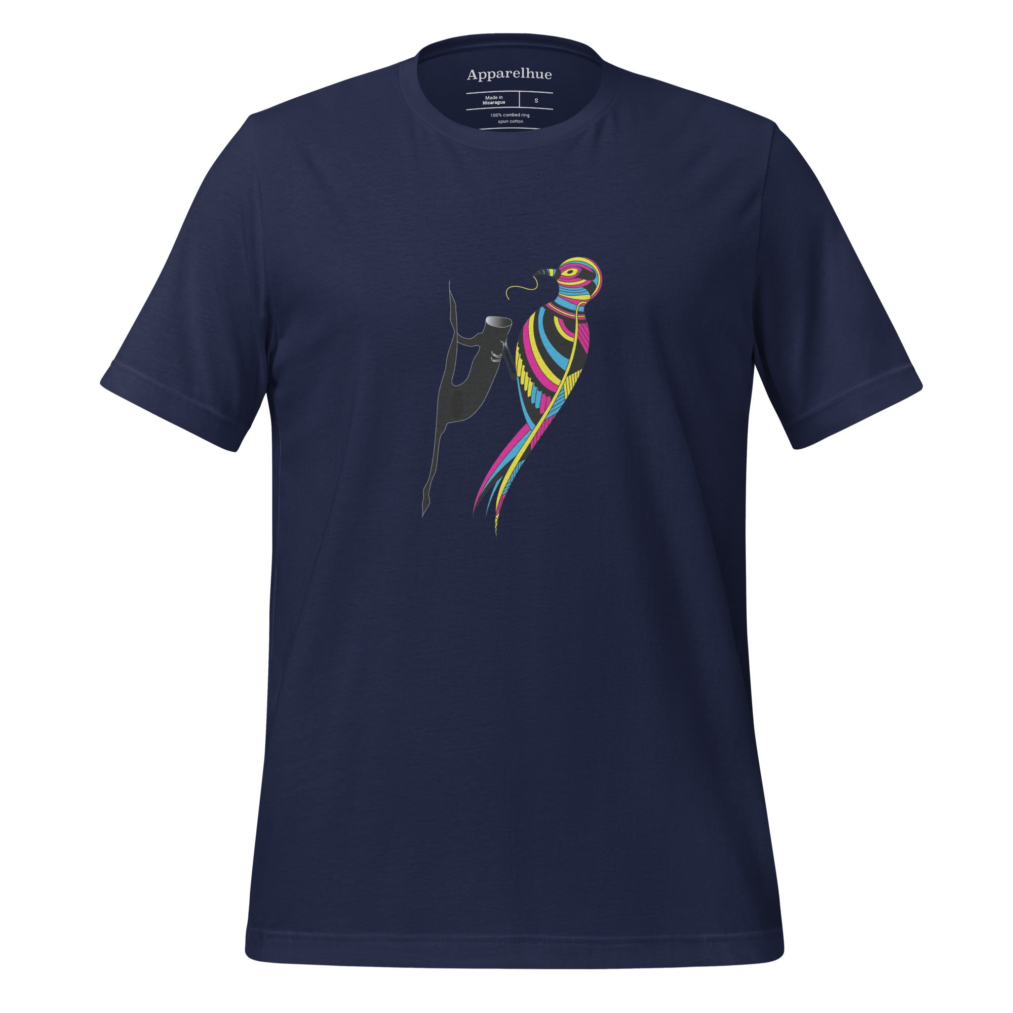Front view of abstract bird graphic t-shirt with artistic feather design on soft cotton