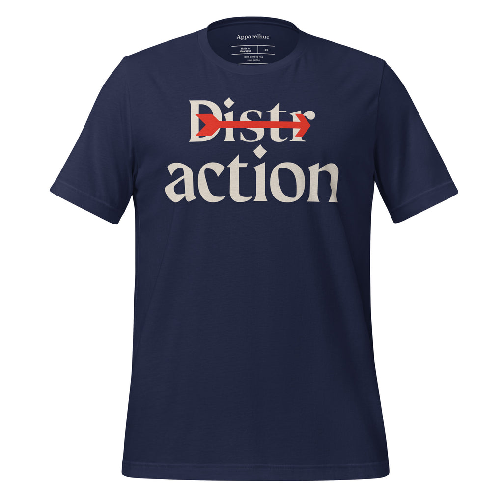 Graphic for a t-shirt showing a red arrow piercing the word "Distractions" to promote a focus on actions.