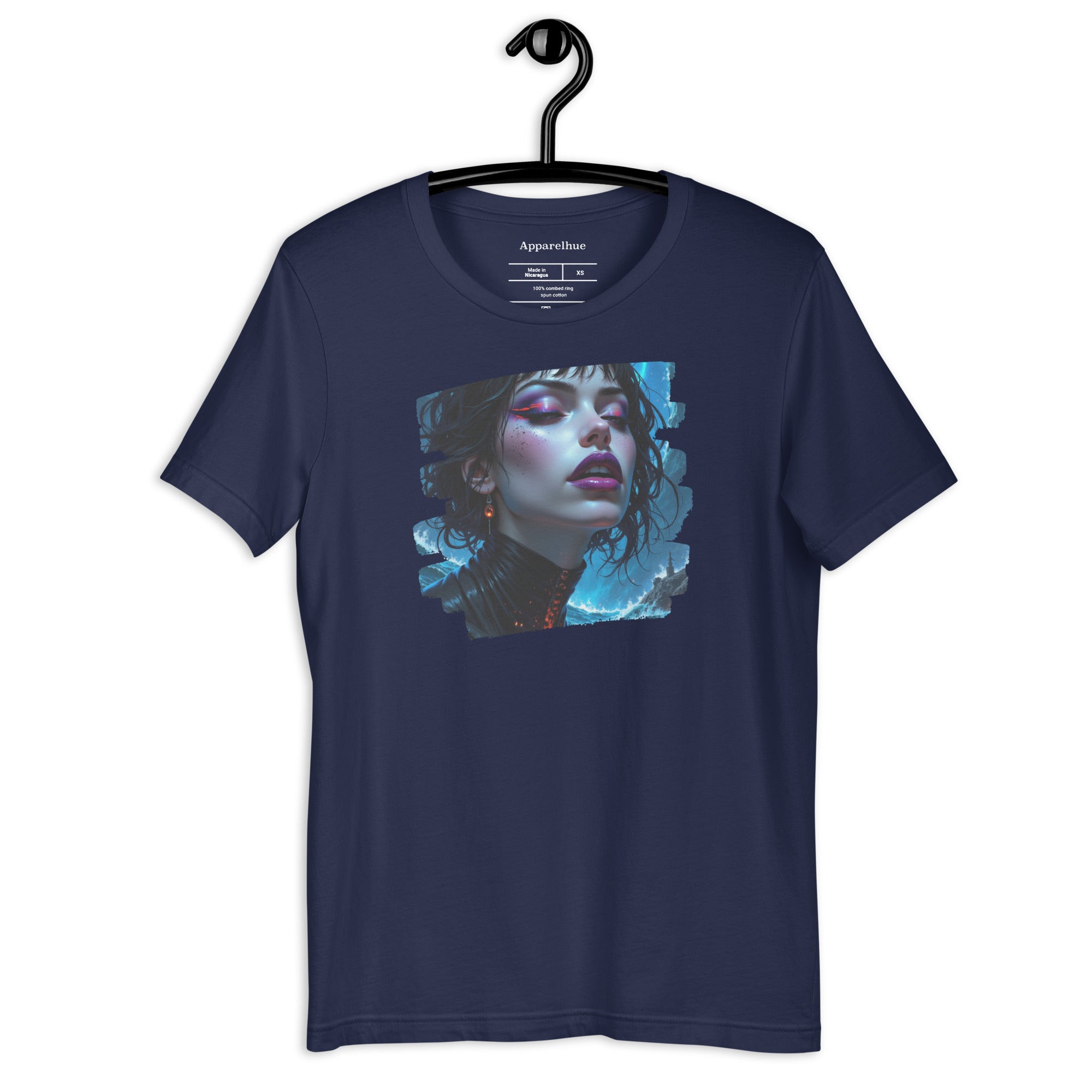 Close-up of neon pink and blue digital art print on a t-shirt.