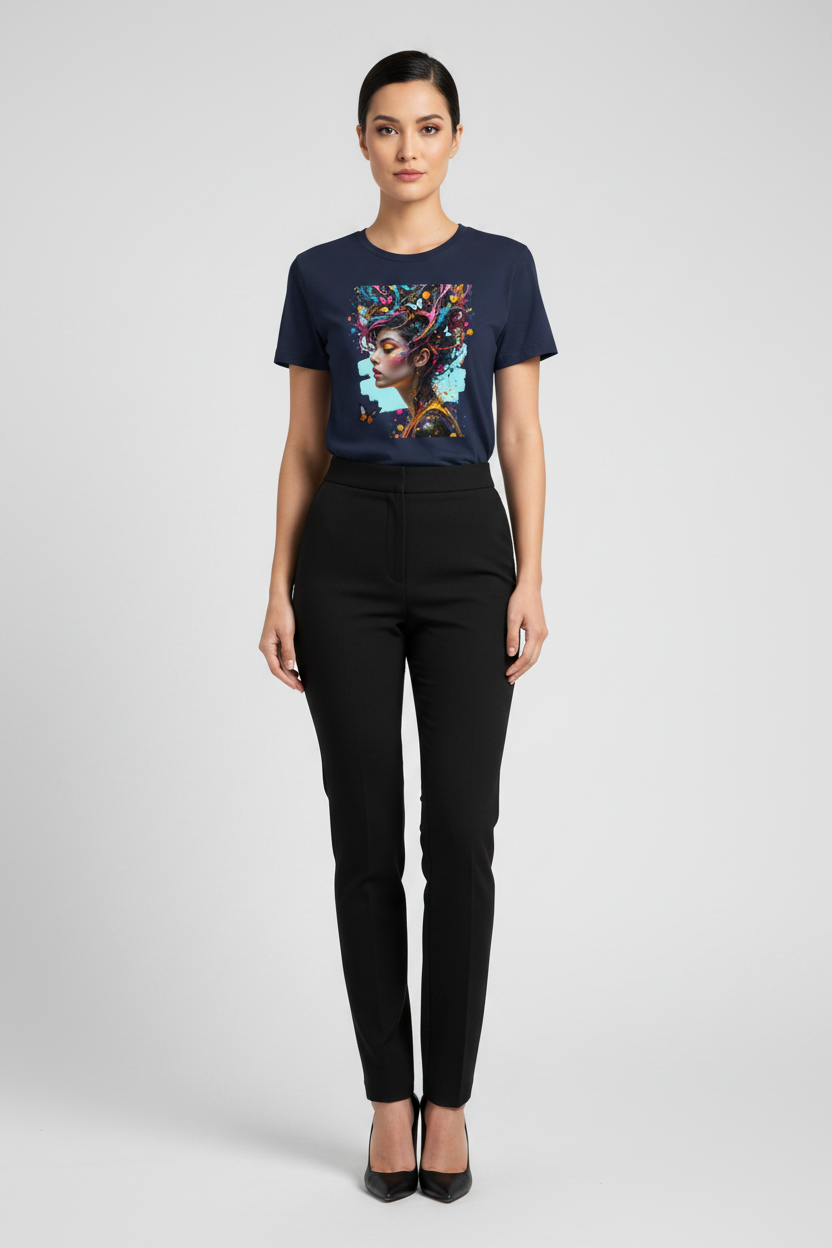 A woman modeling a navy blue short-sleeve graphic t-shirt with a colorful portrait print on the front, paired with black pants and black heels, against a light gray studio background.