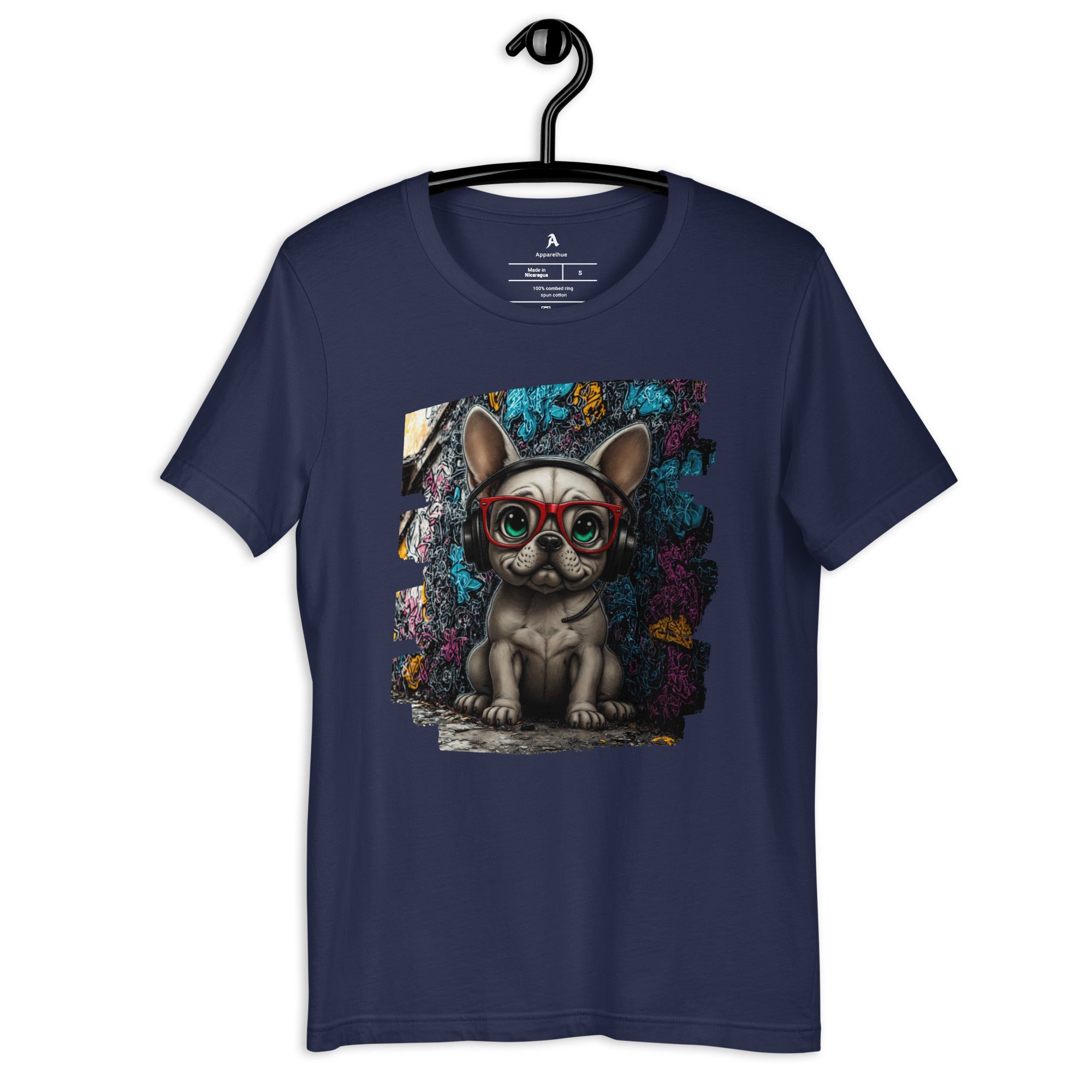 Hipster-style Frenchie T-shirt with bold red glasses and a textured paint-stroke effect.