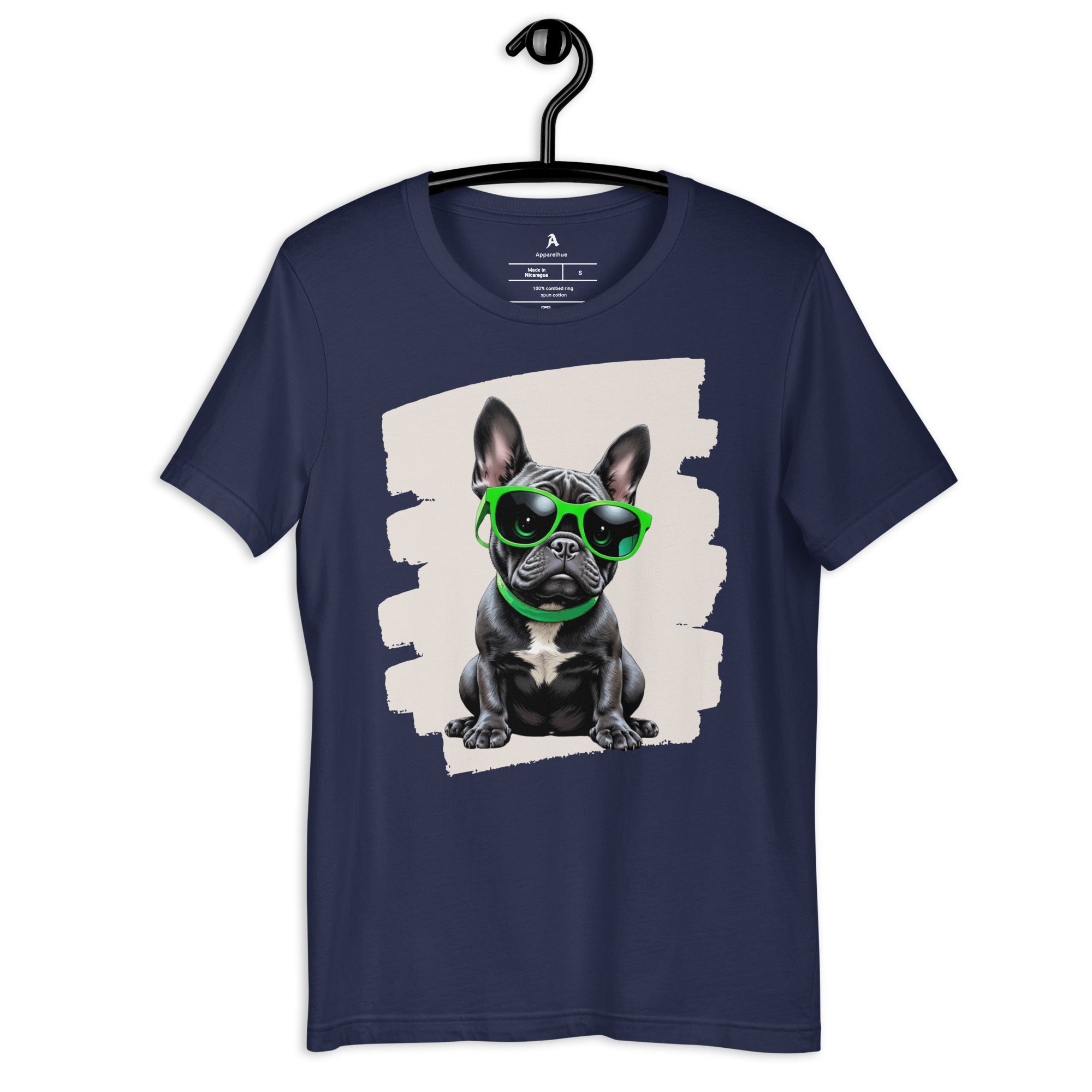 Stylish black French Bulldog character wearing oversized green sunnies.