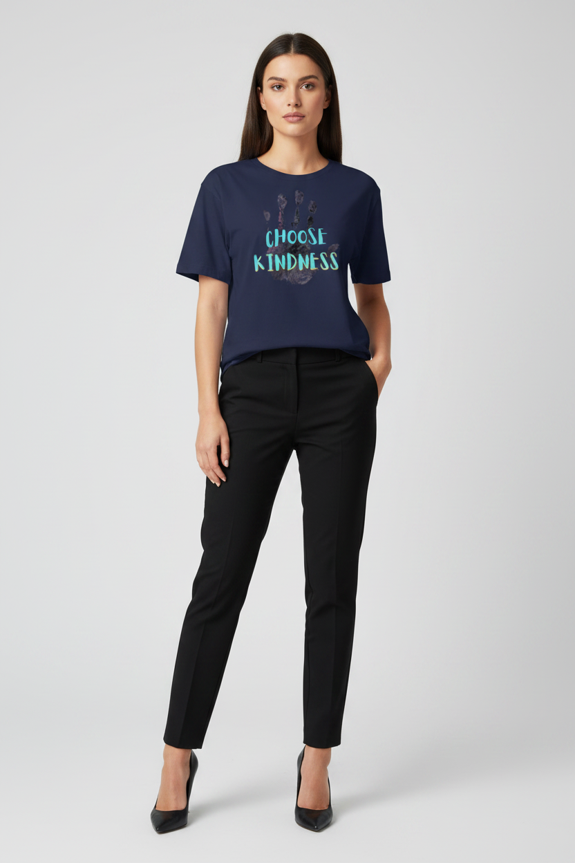Woman wearing a navy t-shirt with 'CHOOSE KINDNESS' text on a white background
