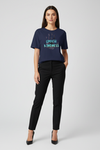 Woman wearing a navy t-shirt with 'CHOOSE KINDNESS' text on a white background