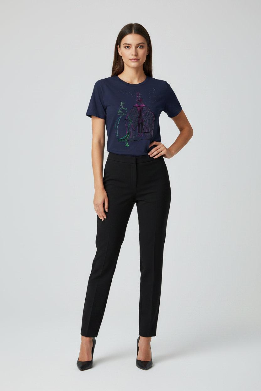 Woman wearing a navy blue t-shirt with a graphic design and black pants on a white background