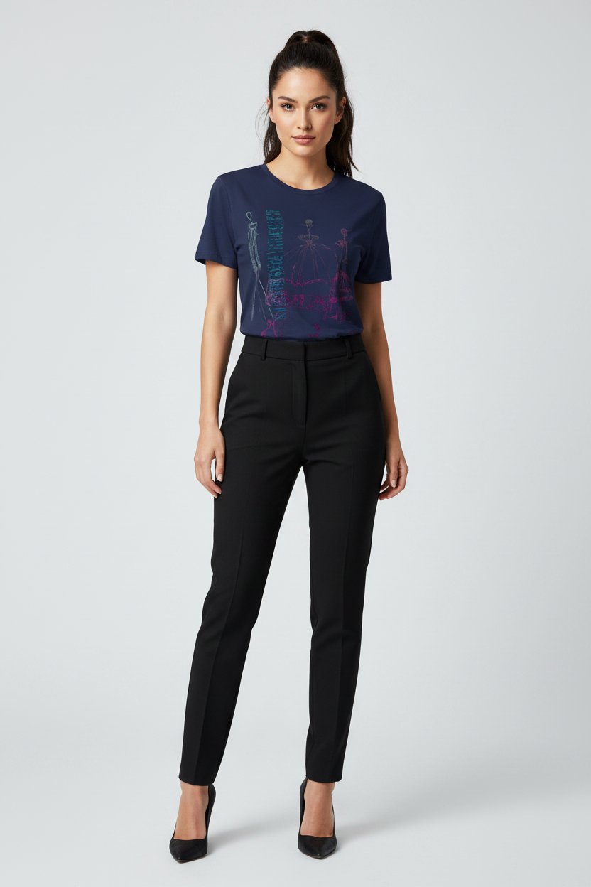 Woman wearing a navy blue t-shirt with graphic design and black pants on a white background