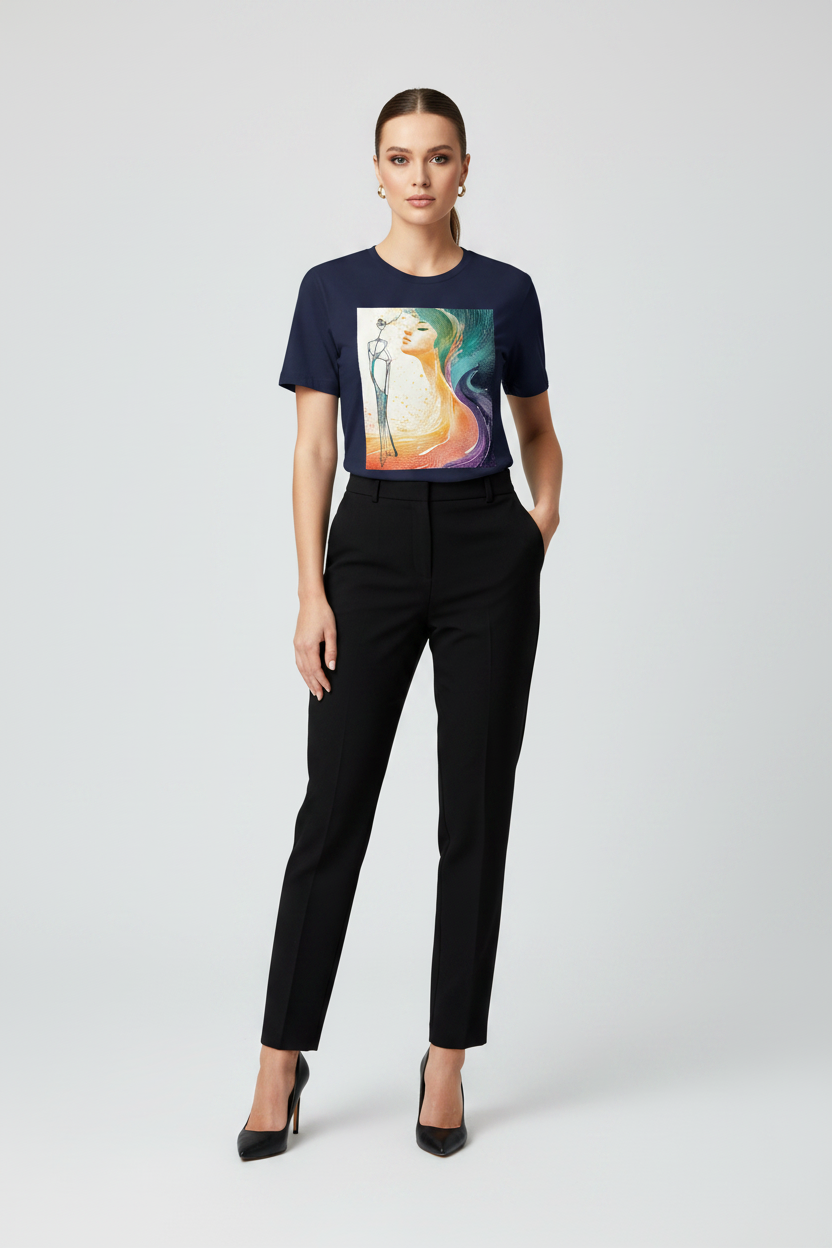 Woman wearing a navy t-shirt with a colorful graphic and black pants on a white background