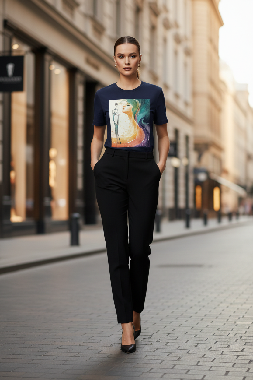 Woman walking on a city street wearing a graphic t-shirt and black pants.