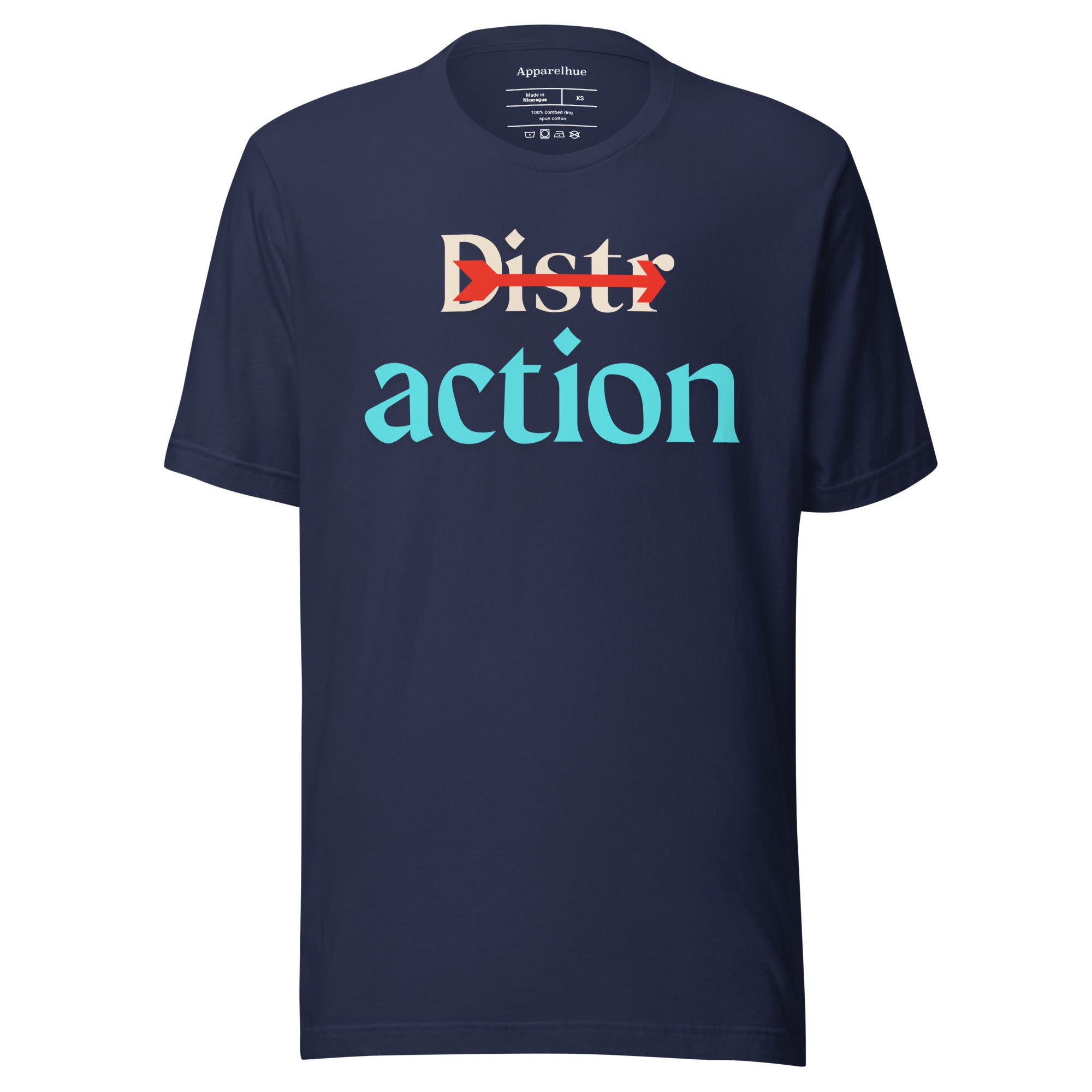 Modern graphic tee in navy, showcasing a red arrow crossing out the top text to emphasise the word 'action'.