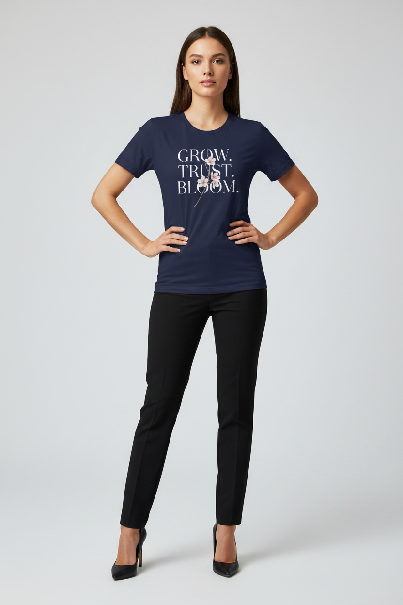 Woman wearing a navy blue t-shirt with text on a white background