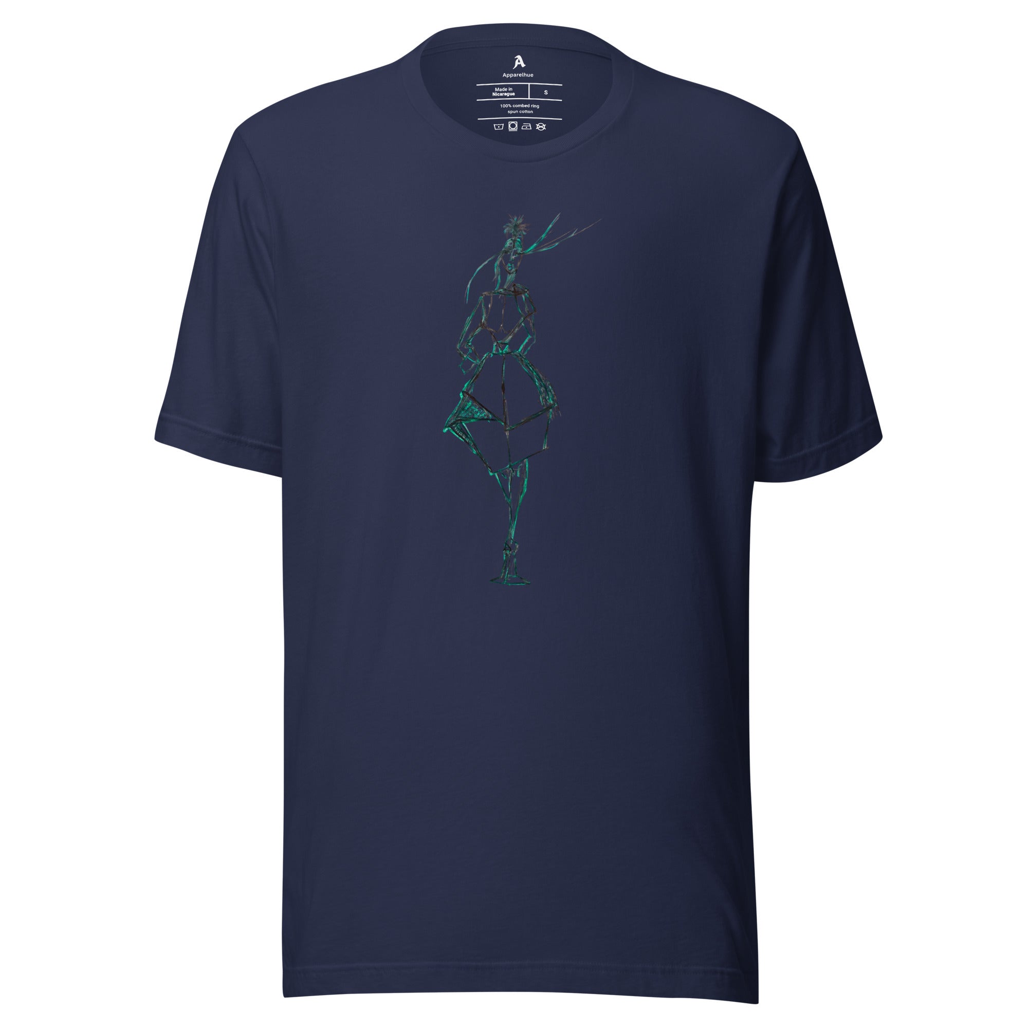 Unique apparel design featuring a bespoke fashion illustration of a walking figure with an abstract, structured silhouette and green highlights.