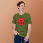 High-quality image of the unique graphic detail on the unisex Speak Up Art Print T-Shirt