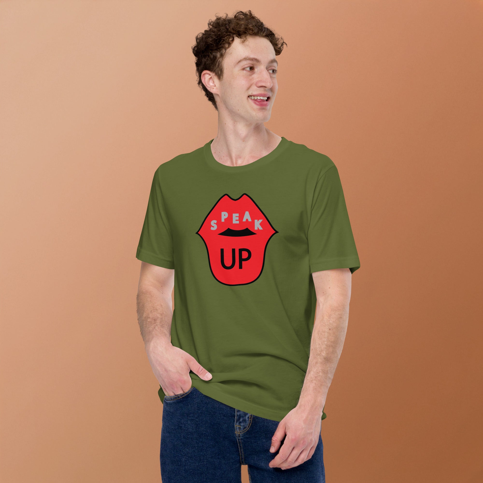High-quality image of the unique graphic detail on the unisex Speak Up Art Print T-Shirt