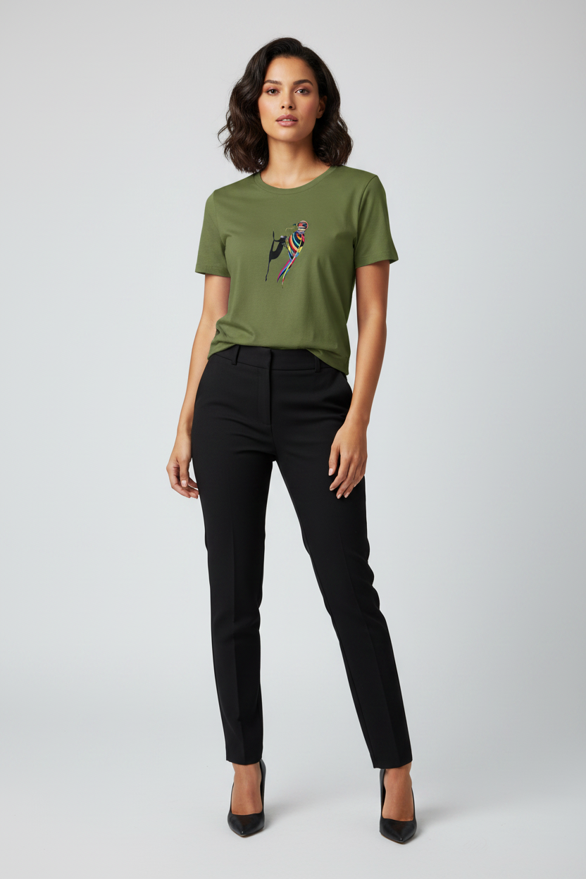 A woman modeling an olive green short-sleeve t-shirt with a colorful bird graphic on the chest, paired with black trousers and black heels, against a light gray studio background.