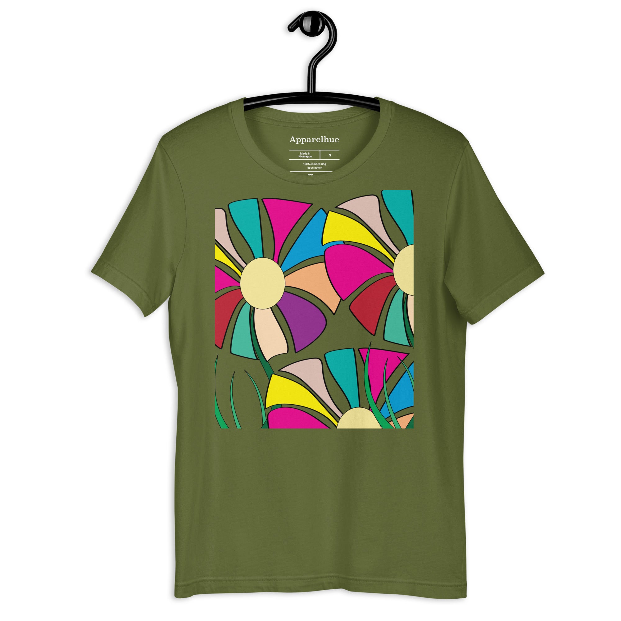 Colorful floral art tee flat lay with accessories