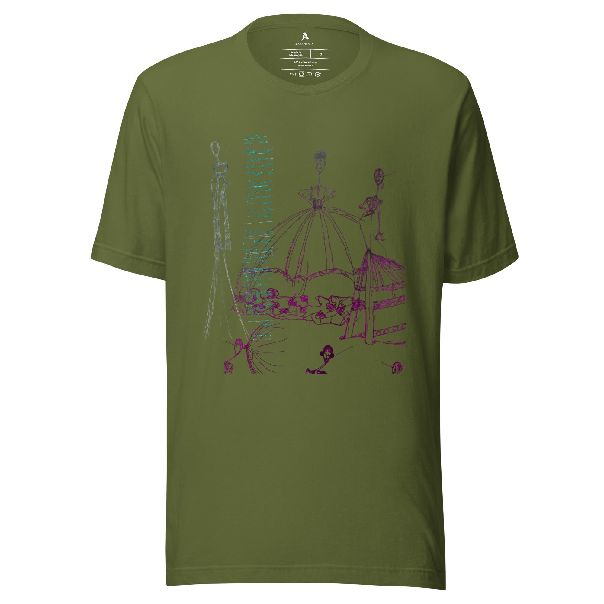 Olive tee featuring abstract feminine illustration