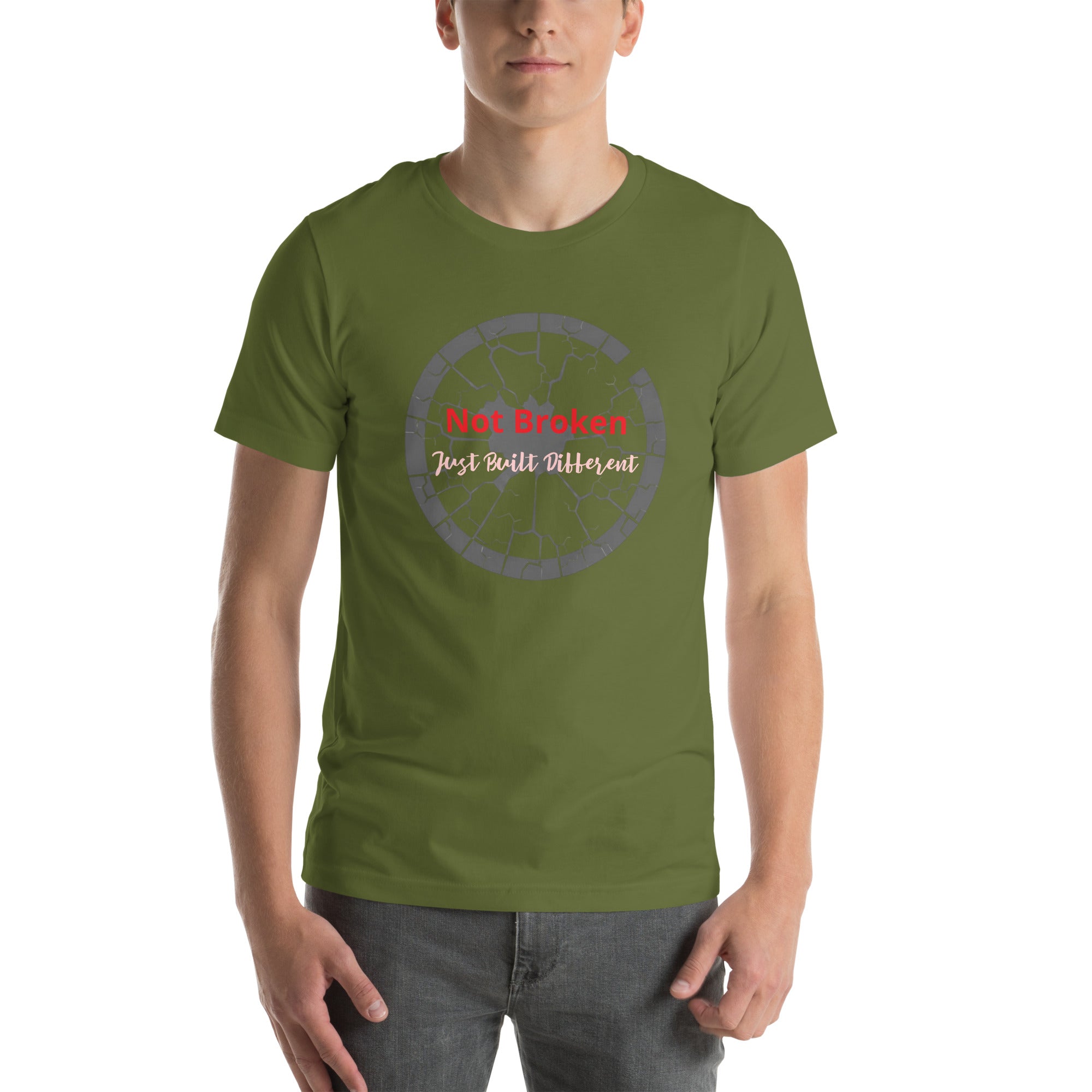 Close-up of the Not Broken Empowerment T-shirt showing the durable screen-printed graphic.