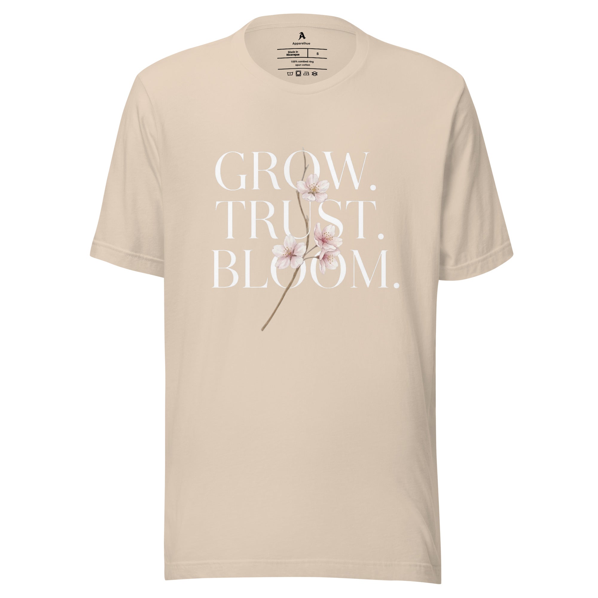 Neutral tones outfit with Grow Trust Bloom graphic tee 