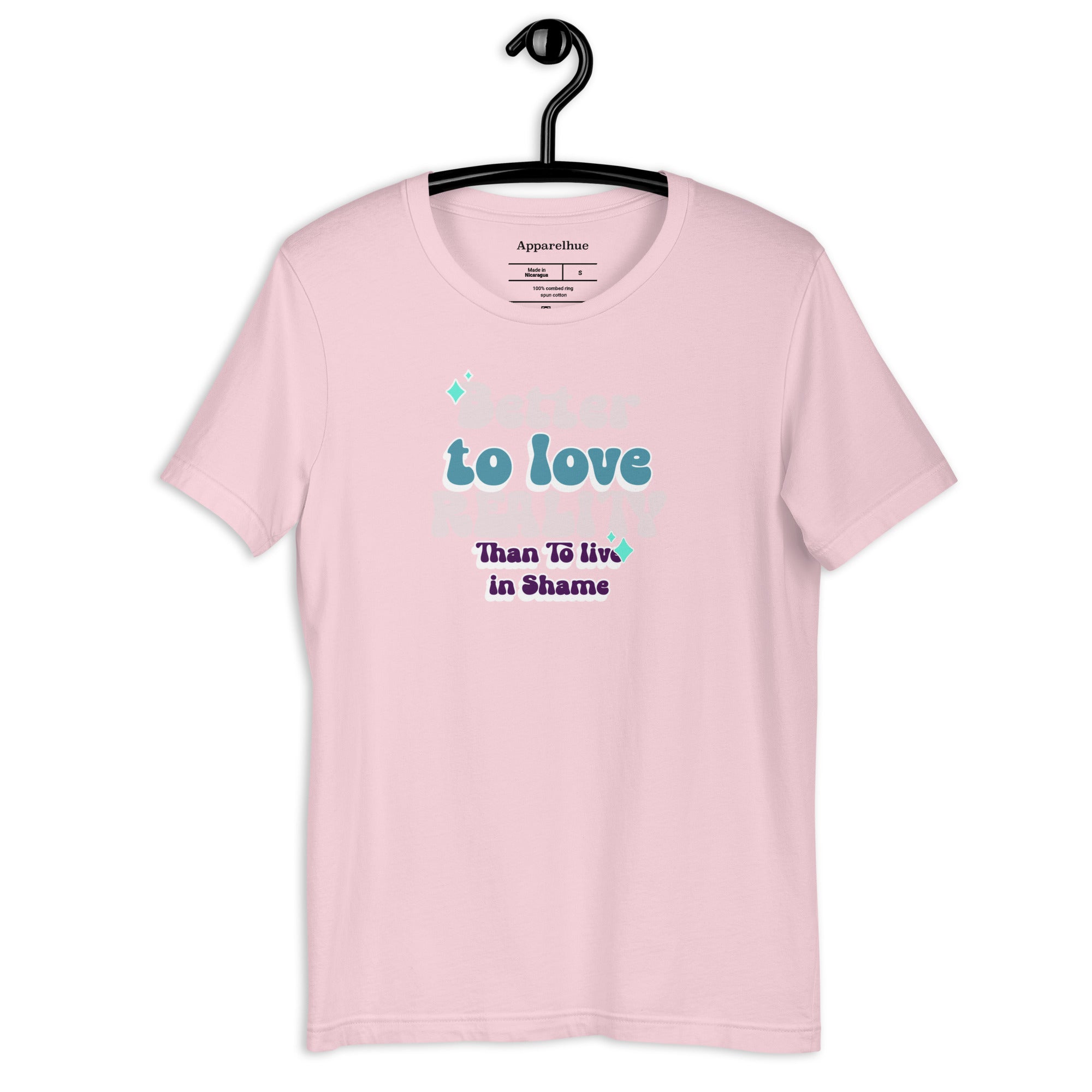 Apparel Hue Art branding and size label on the inner neck of a black tee.