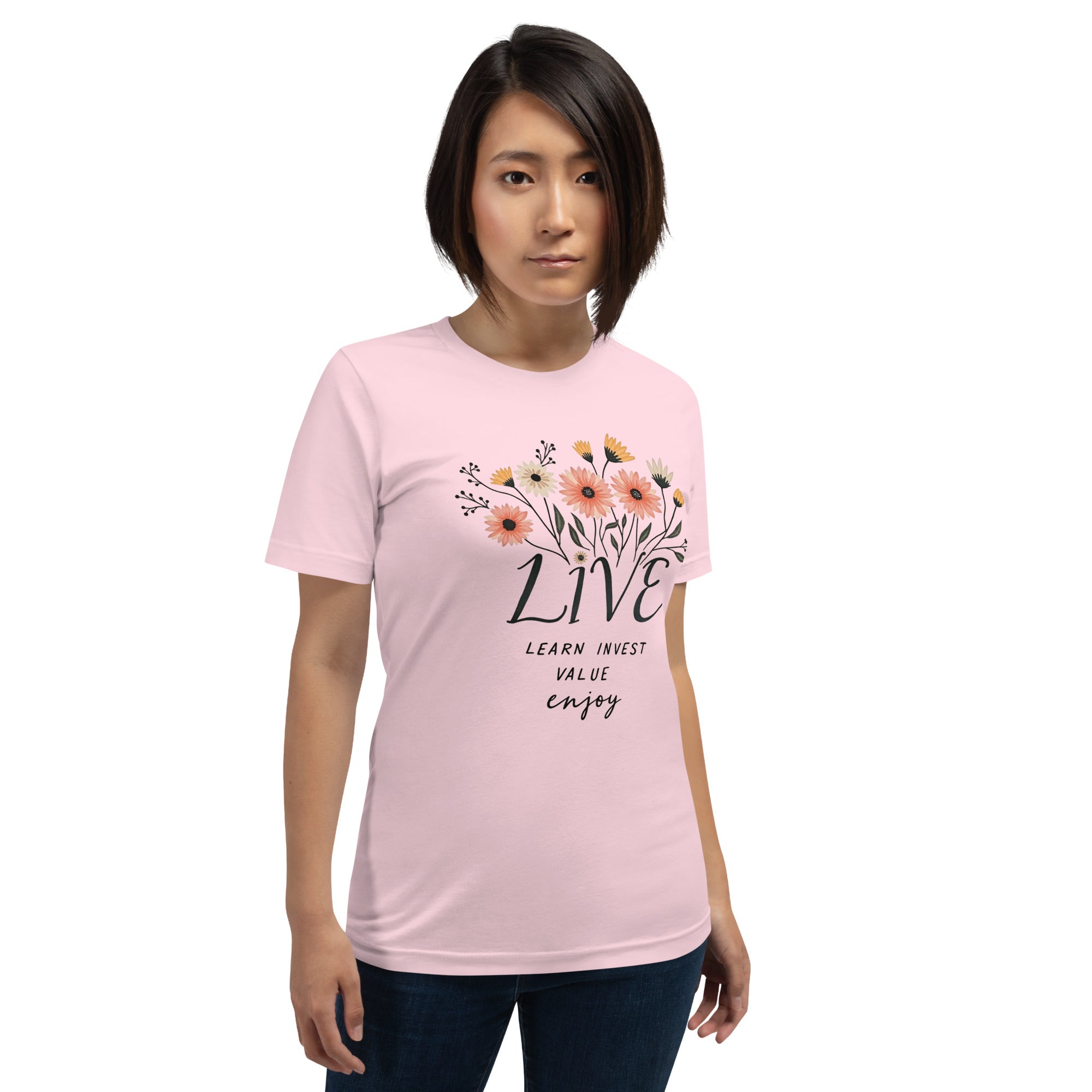 Close-up of LIVE Learn Invest Value Enjoy shirt print detail