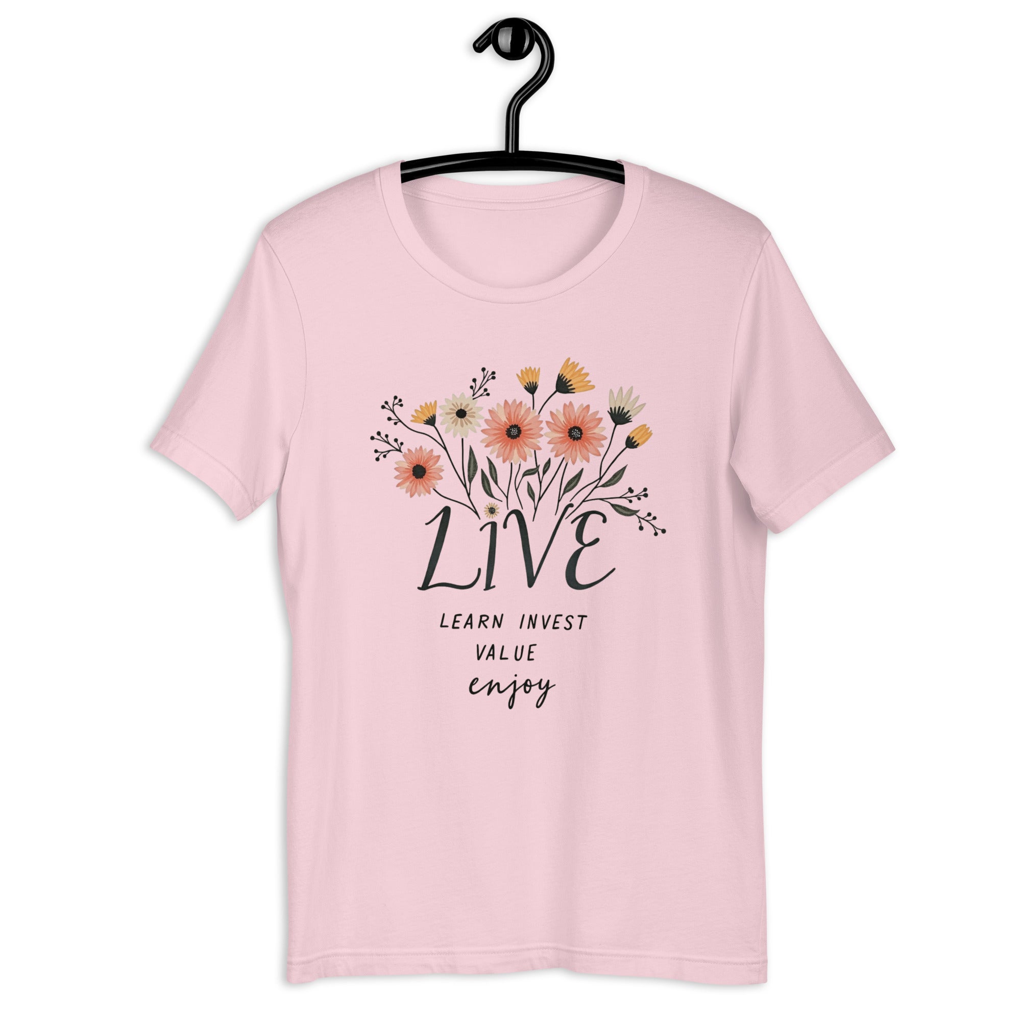 Creative colored background with LIVE Learn Invest Value Enjoy tee