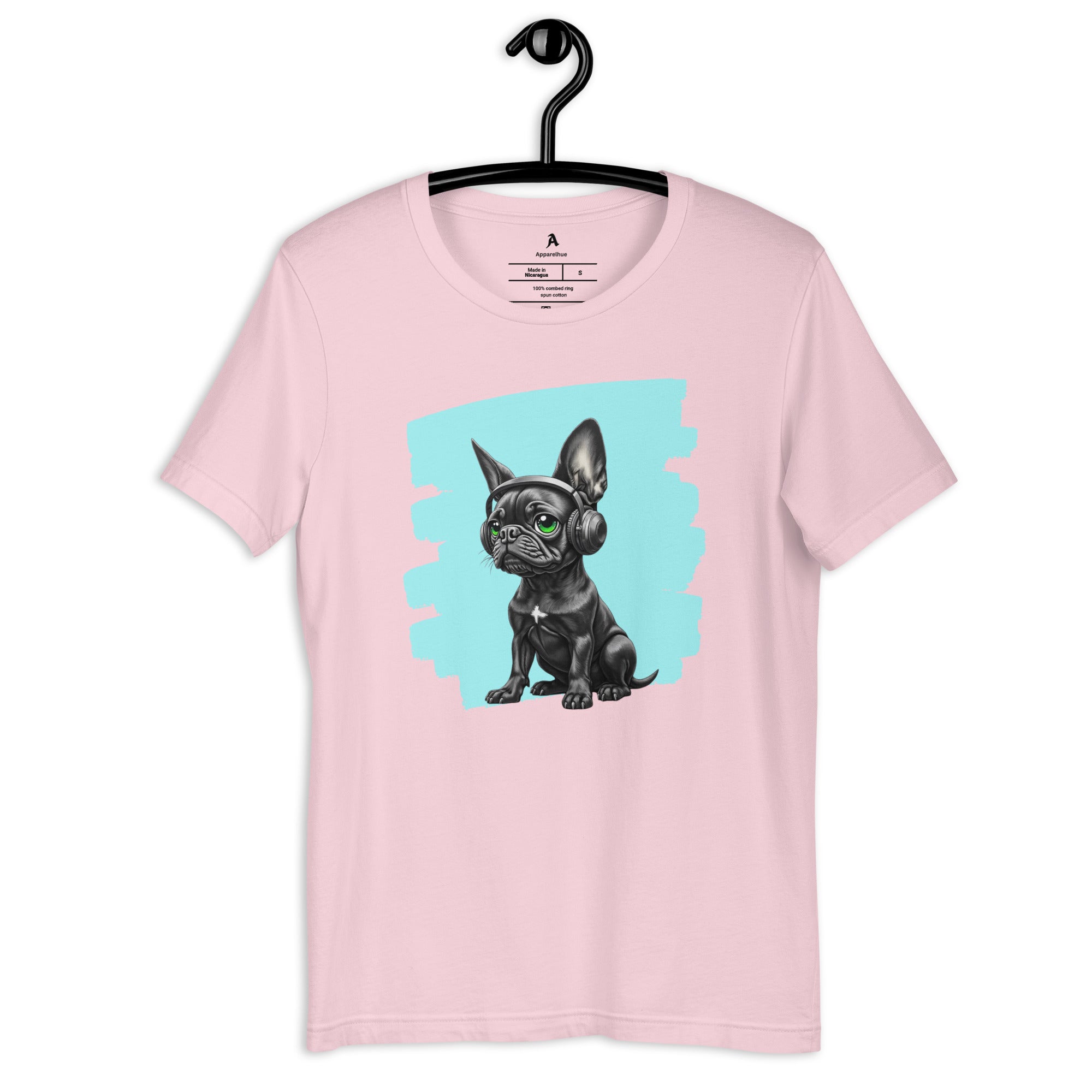 Apparelhue boutique dog-themed clothing with French Bulldog headphone graphic.