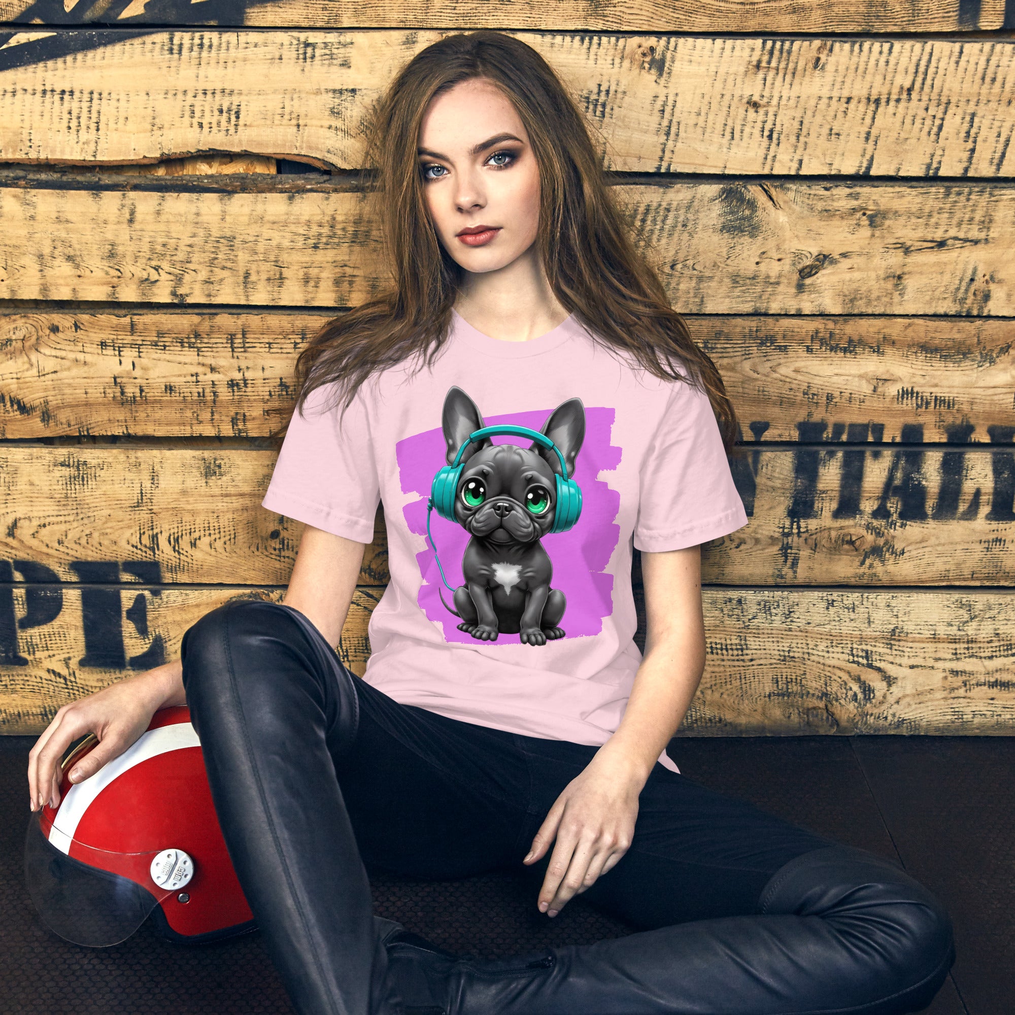 Vibrant purple and teal dog graphic on a white unisex t-shirt.