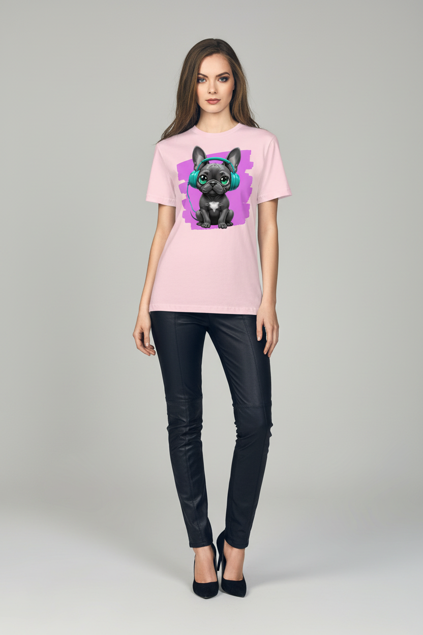 Woman wearing a pink t-shirt with a graphic of a dog wearing headphones on a gray background
