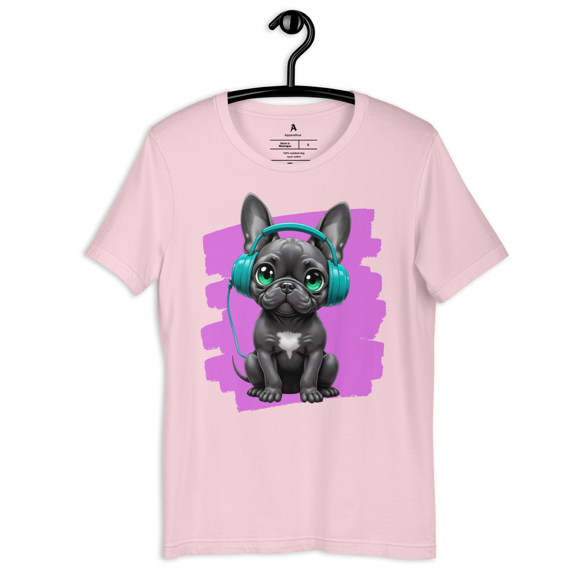Adorable black Frenchie wearing headphones on a brushstroke background.