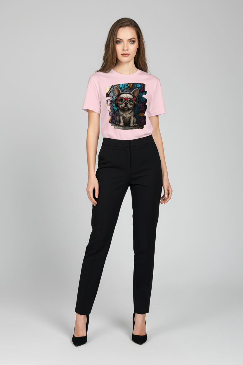 A woman modeling a light pink short-sleeve graphic t-shirt with a dog print, paired with black trousers and black heels, against a light gray studio background.