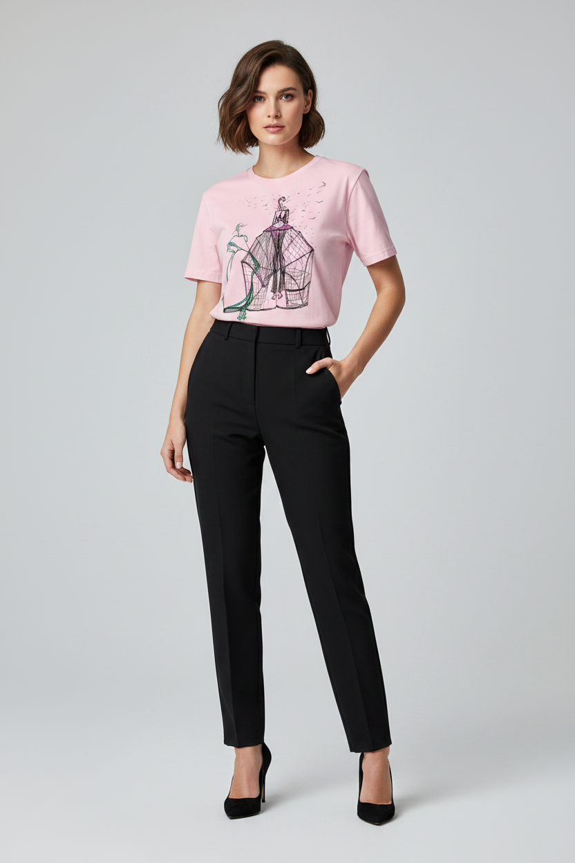 Woman wearing a pink graphic t-shirt and black pants on a gray background