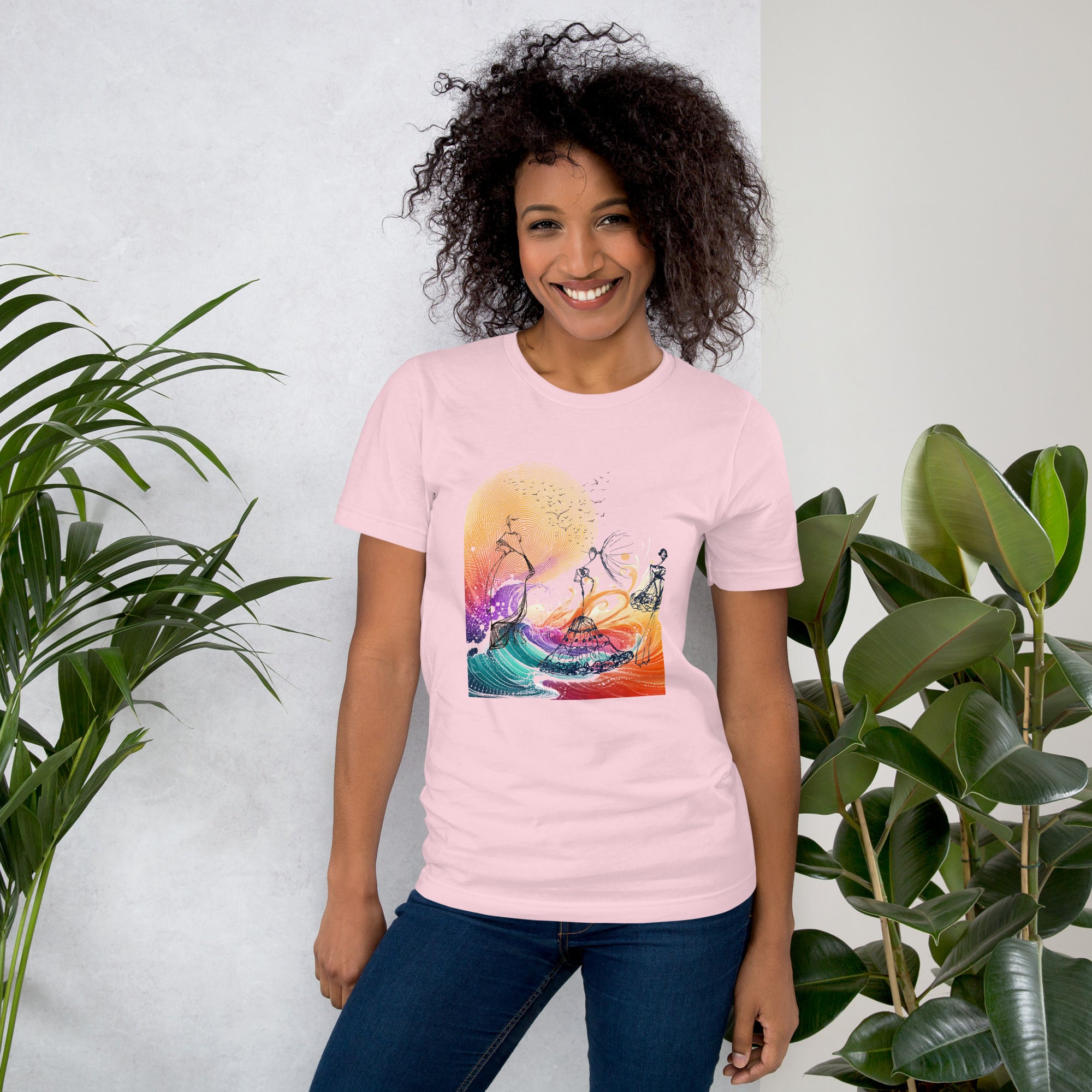 Vibrant orange and purple sunset art on a classic white cotton t-shirt.