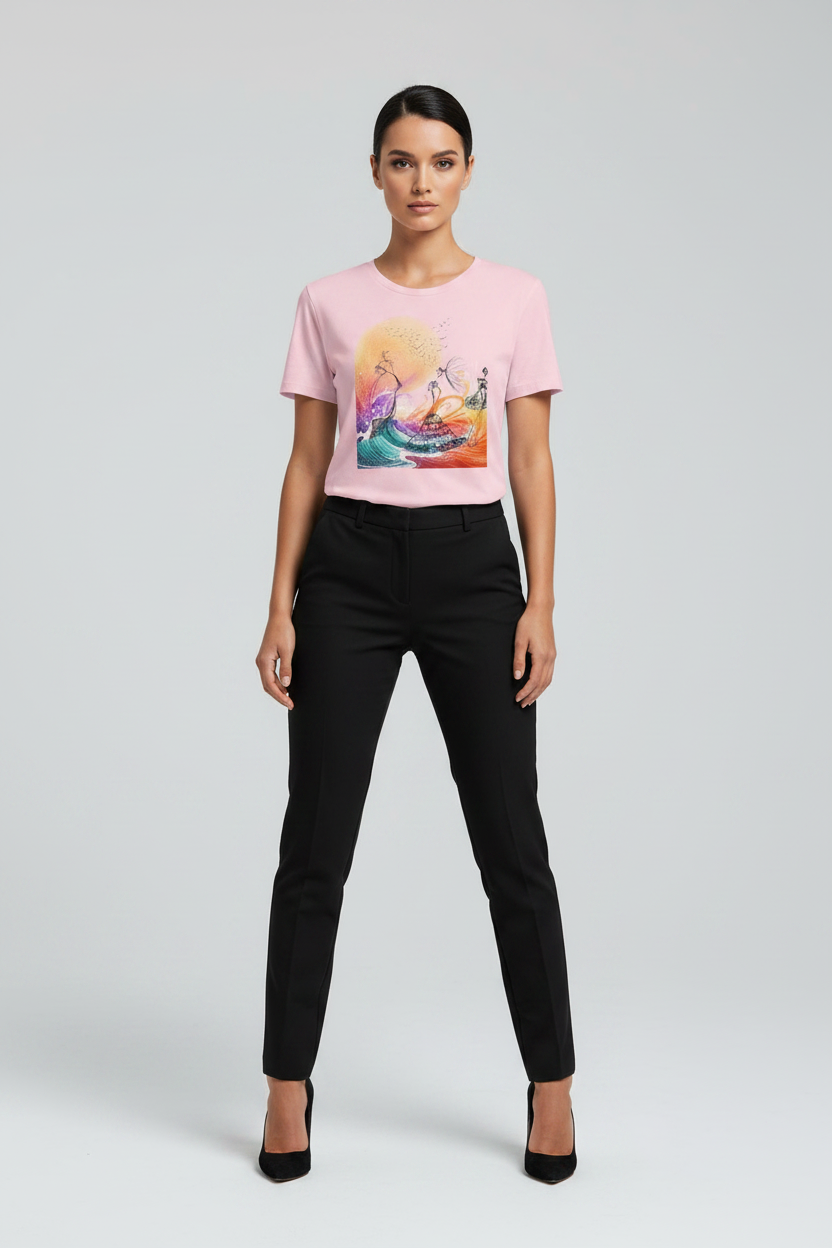 Woman wearing a pink t-shirt with a colorful graphic and black pants on a light gray background