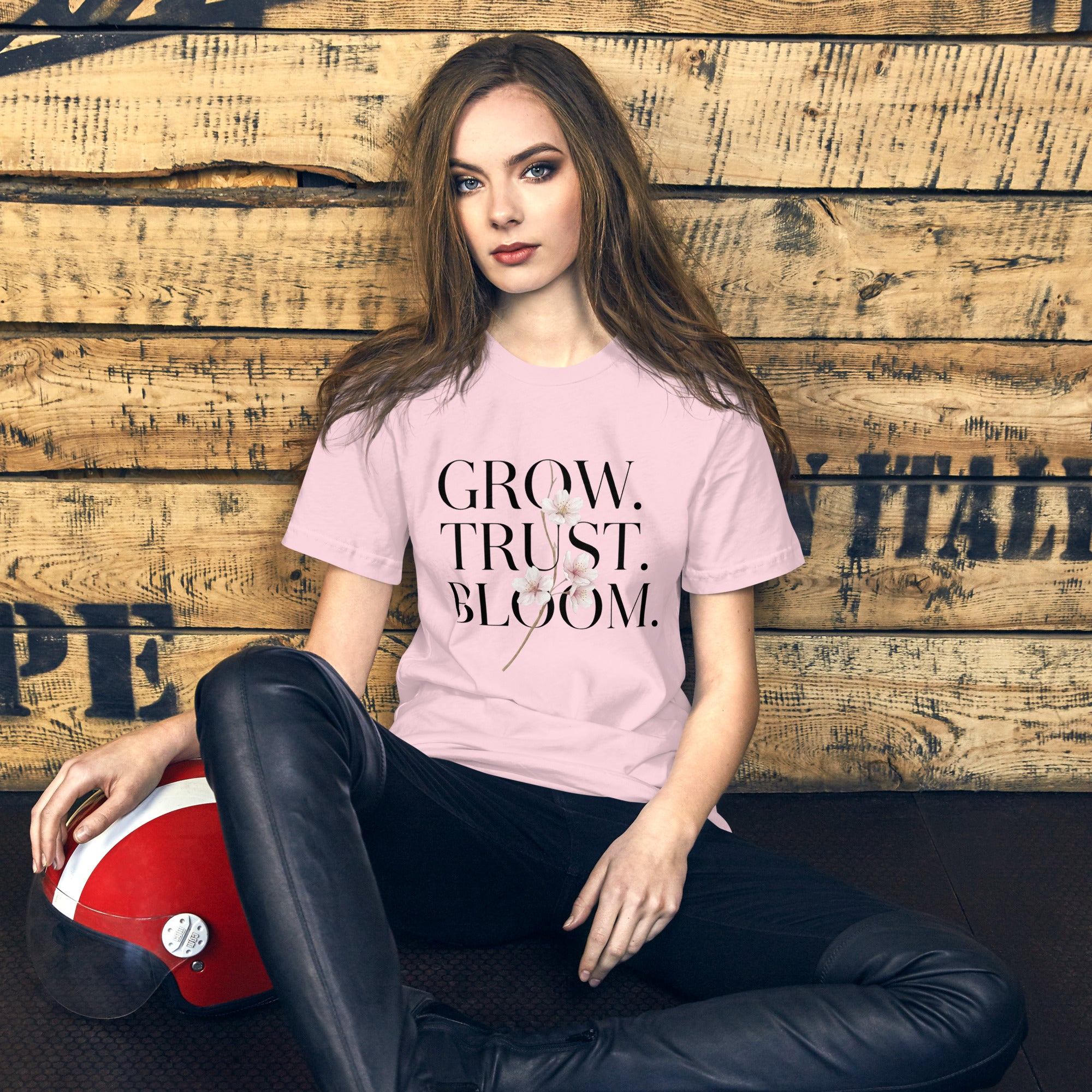 Female model wearing inspirational graphic T-shirt