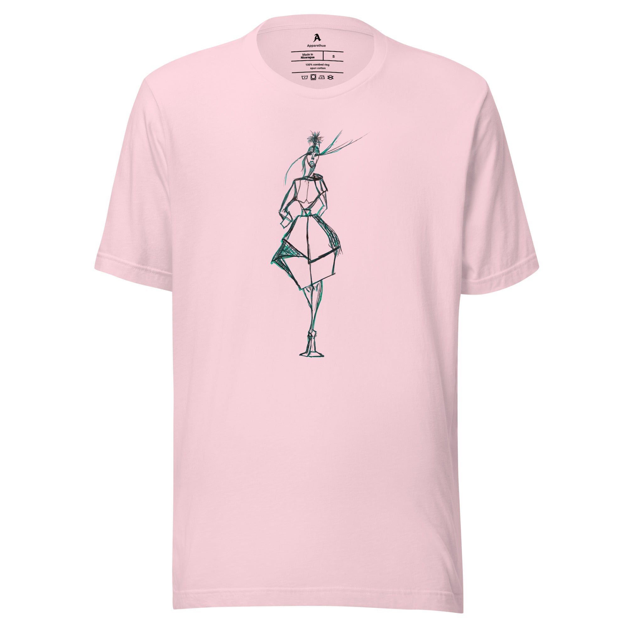 Artistic t-shirt design featuring a futuristic runway model sketch with a focus on geometric symmetry and fluid movement.