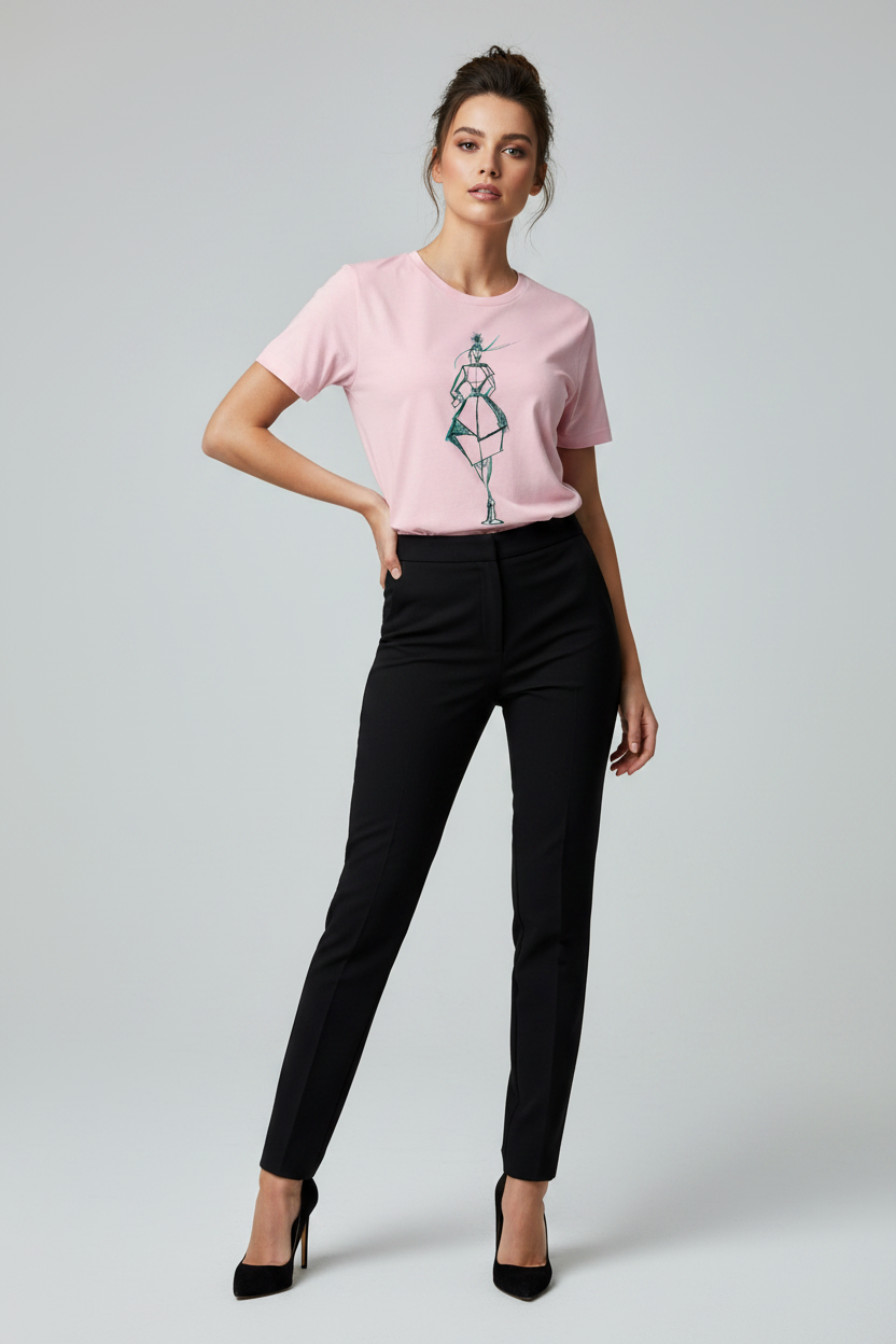 Woman wearing a pink t-shirt with a design and black pants on a gray background