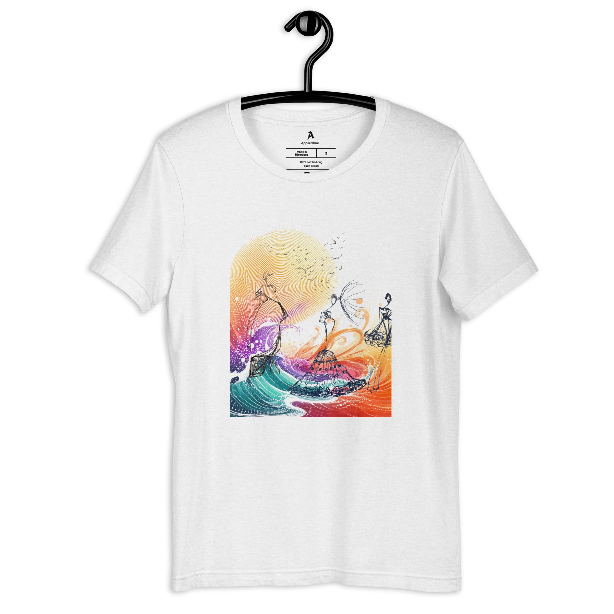 Apparelhue white t-shirt featuring abstract rainbow sunset fashion illustration.