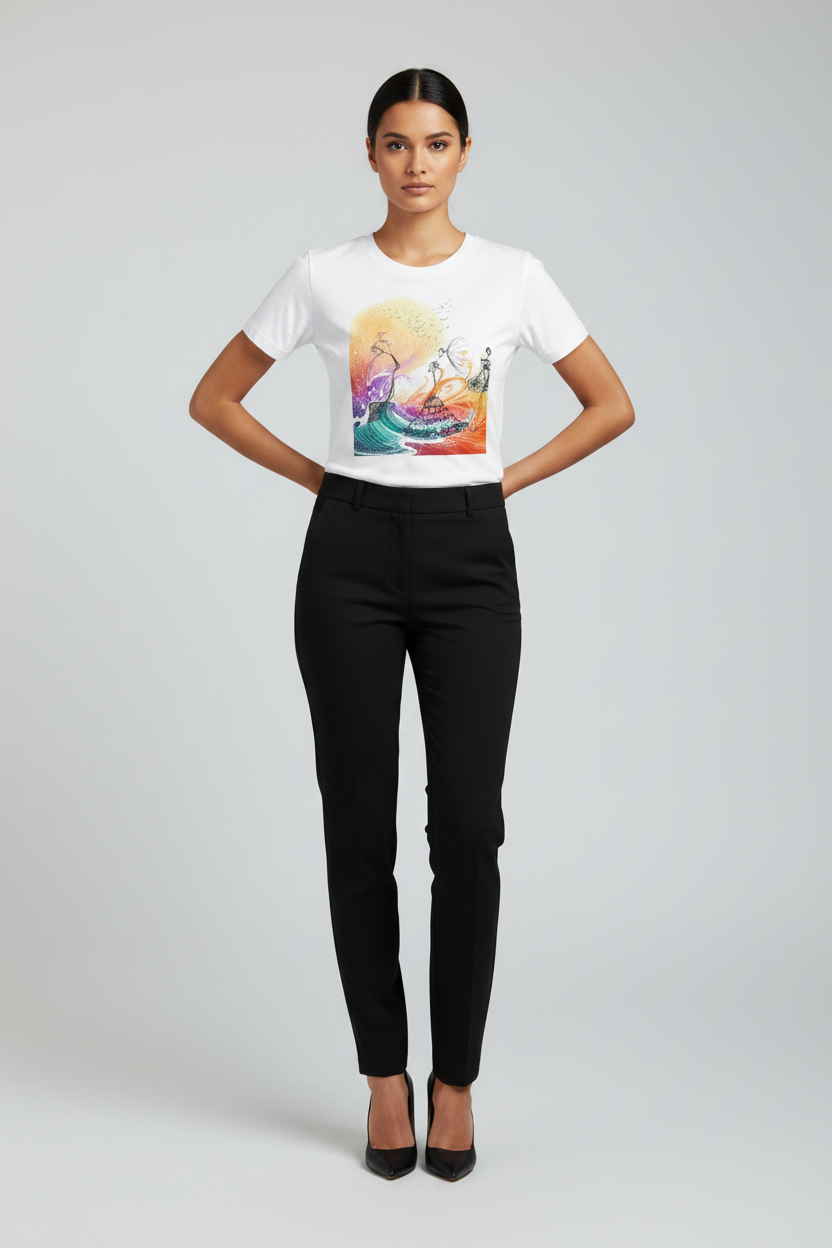 Woman wearing a white t-shirt with a colorful graphic design and black pants on a light gray background