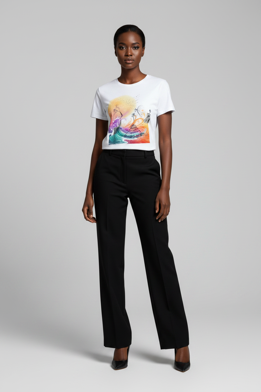Woman wearing a white t-shirt with a colorful graphic and black pants on a gray background