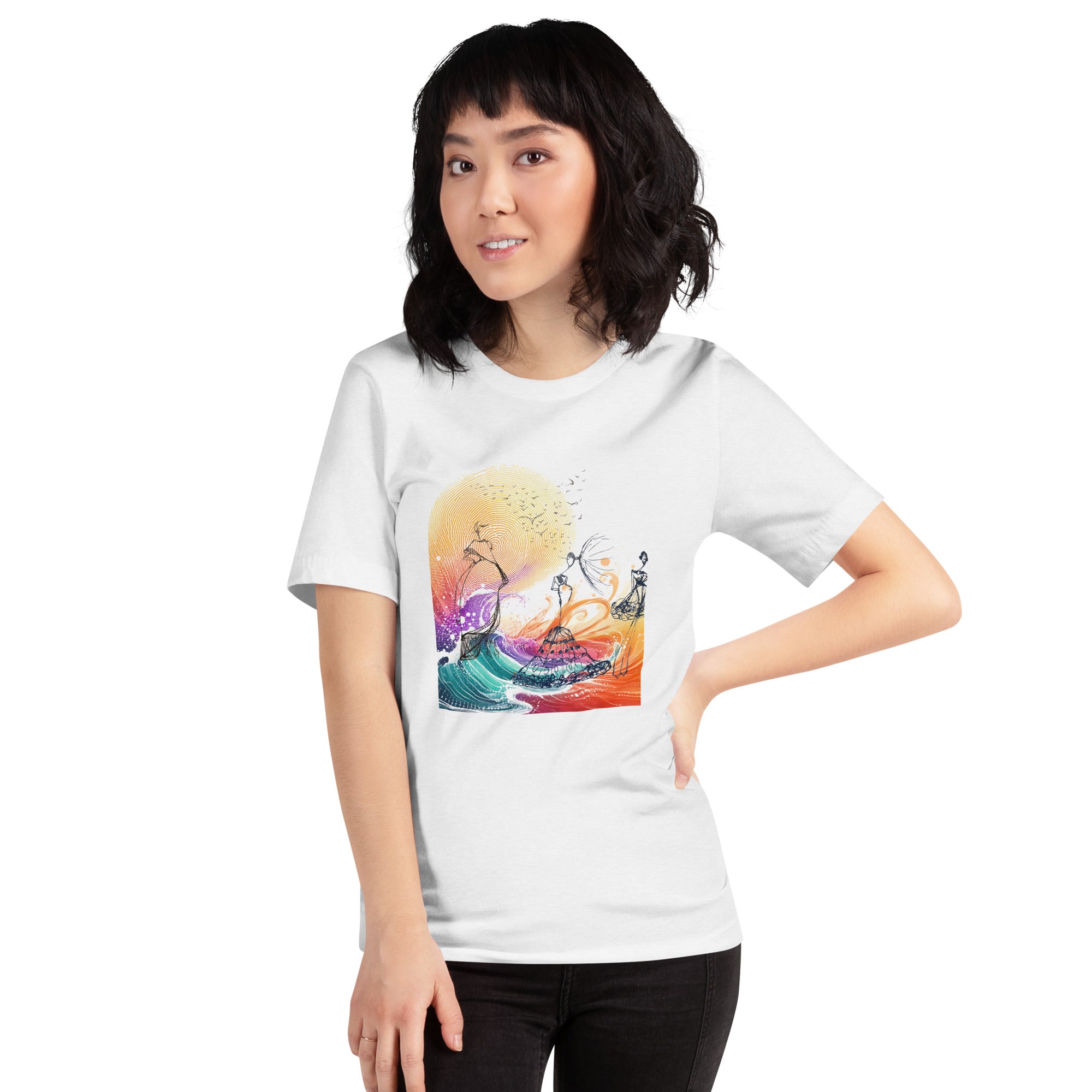 Apparelhue fashion sketch shirt with teal and pink watercolour swirls.