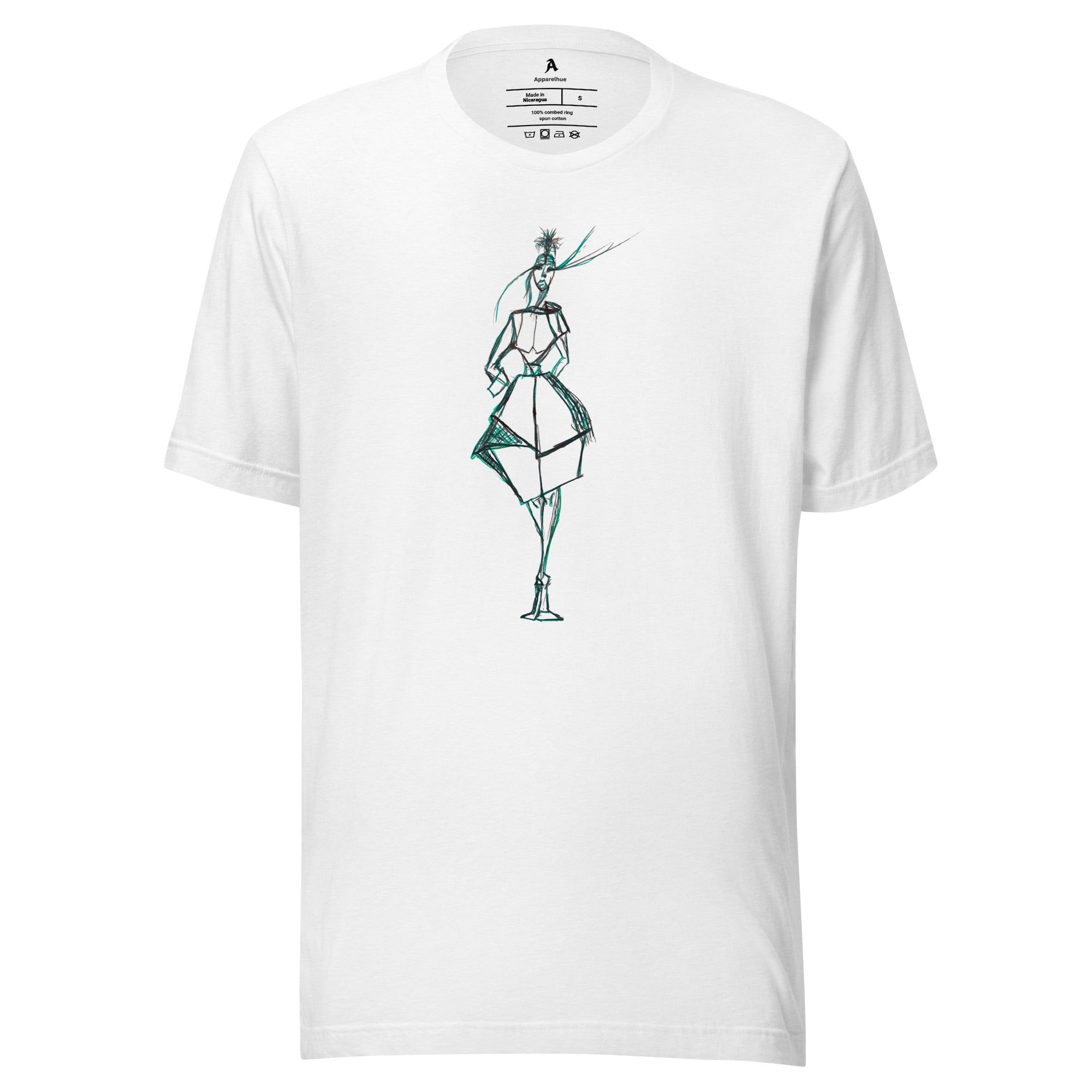 Detailed sketch of a fashion model on a white cotton t-shirt, highlighting sharp charcoal lines and minimalist aesthetic details.